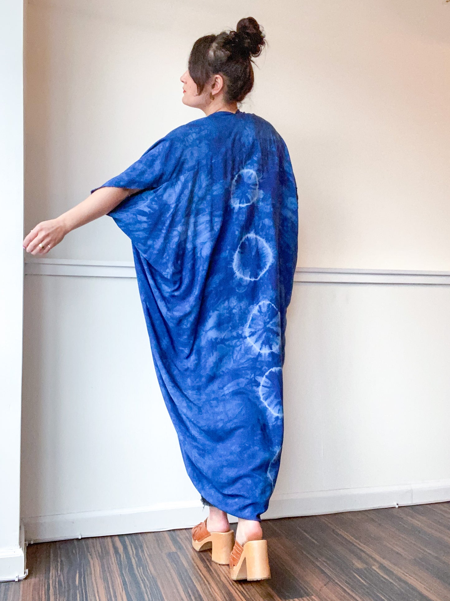 Hand-Dyed High Low Kimono Indigo Circles