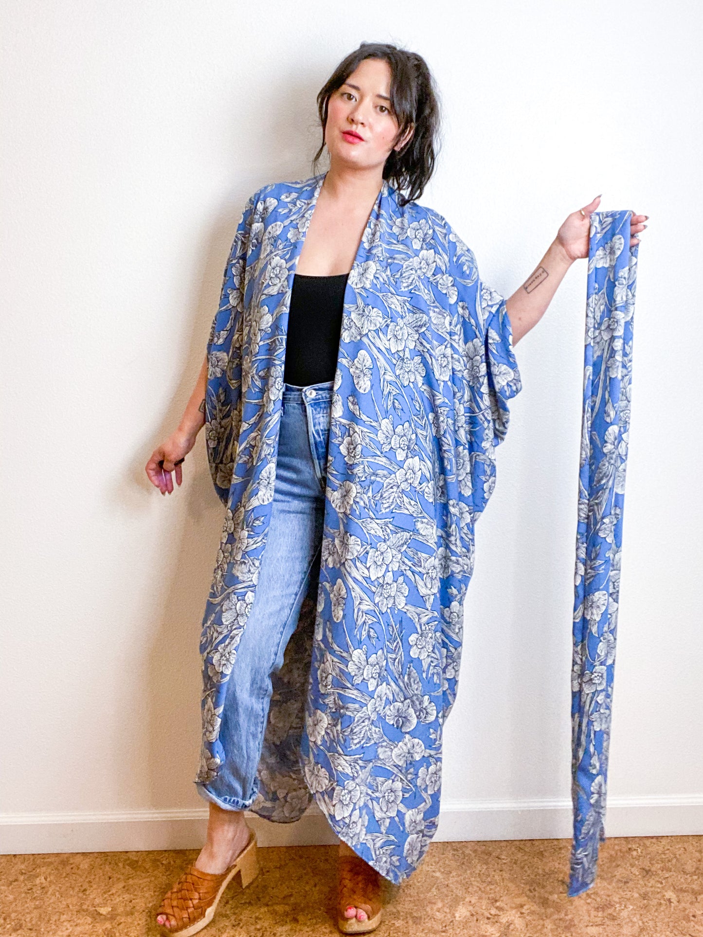 Print High Low Kimono Blue Floral Challis