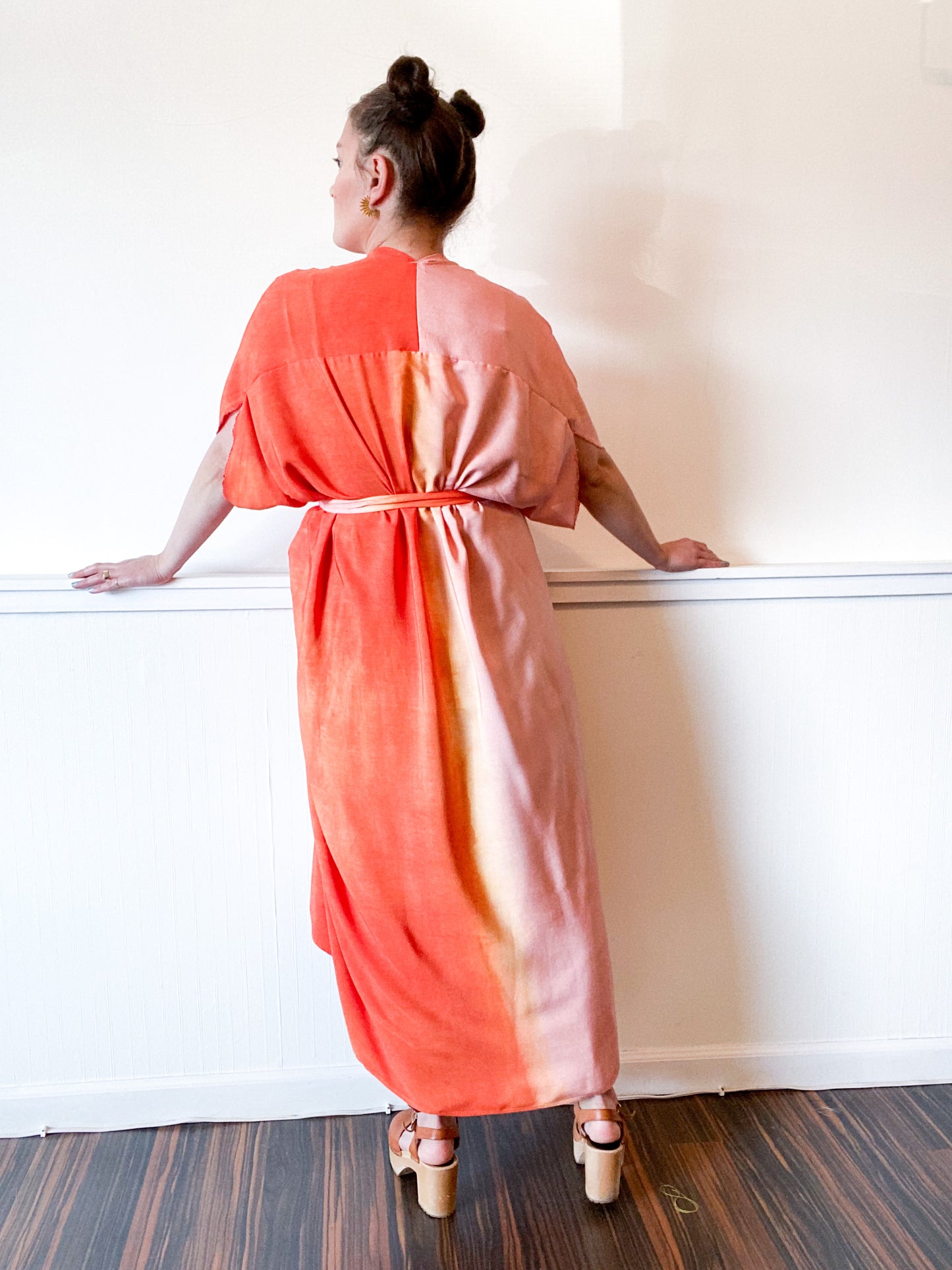 Hand-Dyed High Low Kimono Two Tone Powder Pink Tangerine