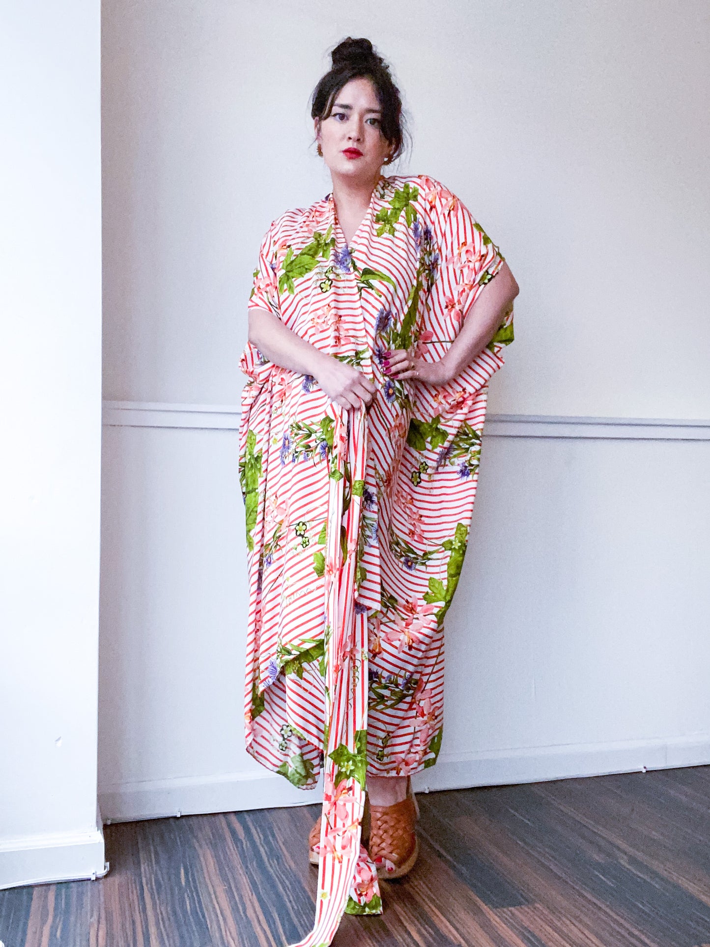 Print High Low Kimono Red Stripe Wildflowers Rayon Challis