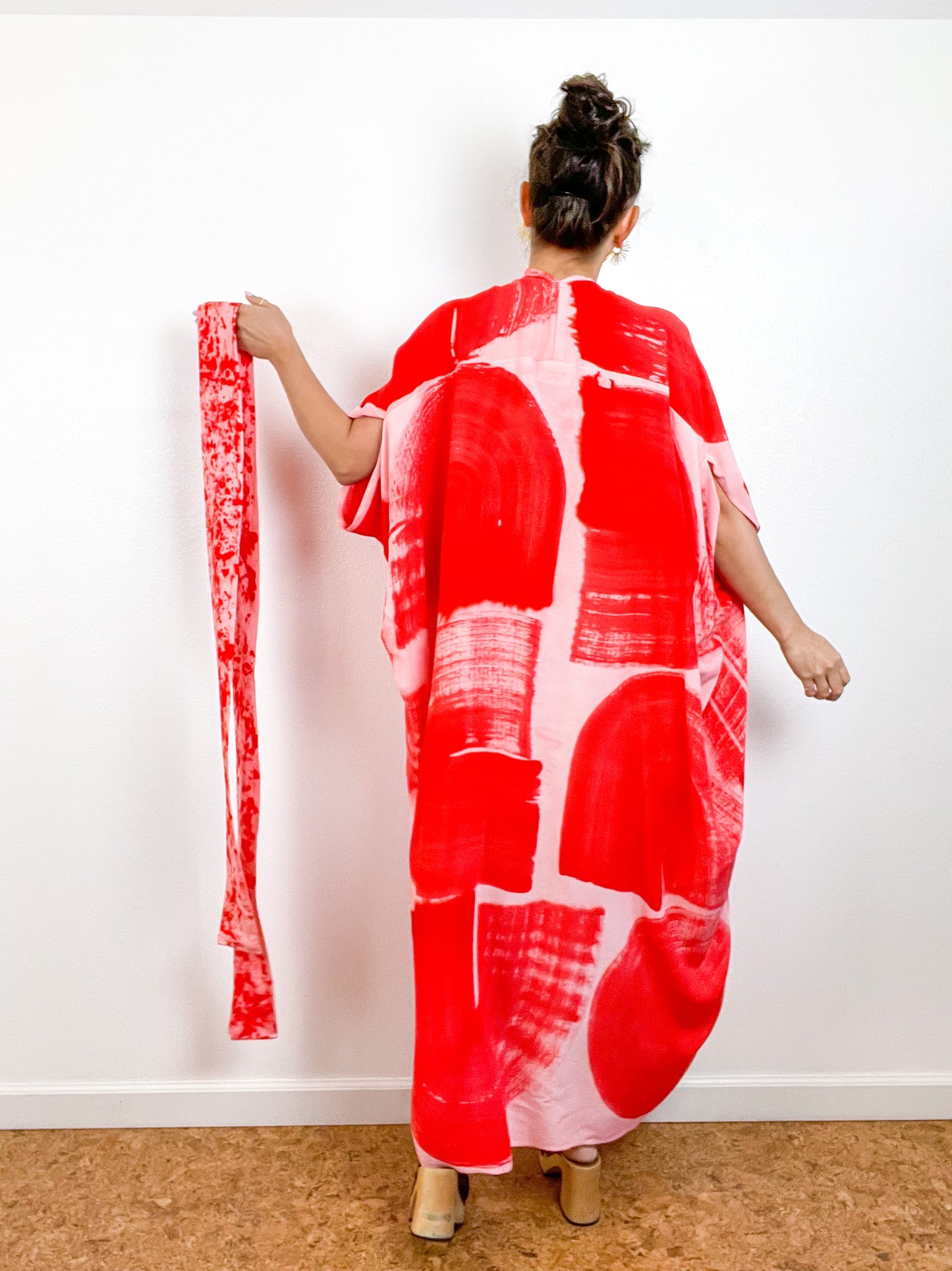 Hand-Dyed High Low Kimono Blush Scarlet Brushstroke