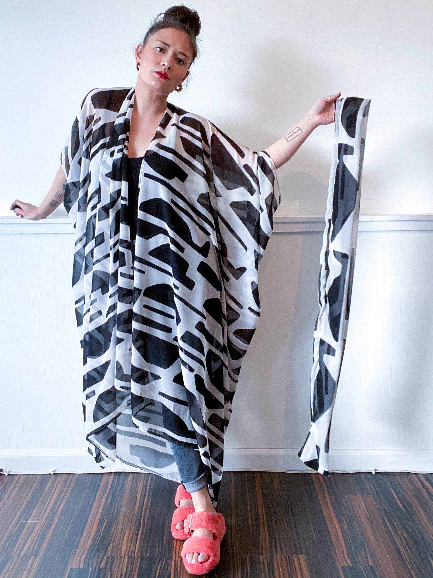 Print High Low Kimono Black White Abstract Chiffon