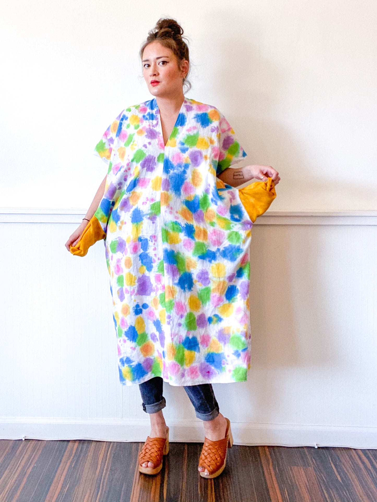 Hand-Dyed Linen Smock Dress Rainbow Dots