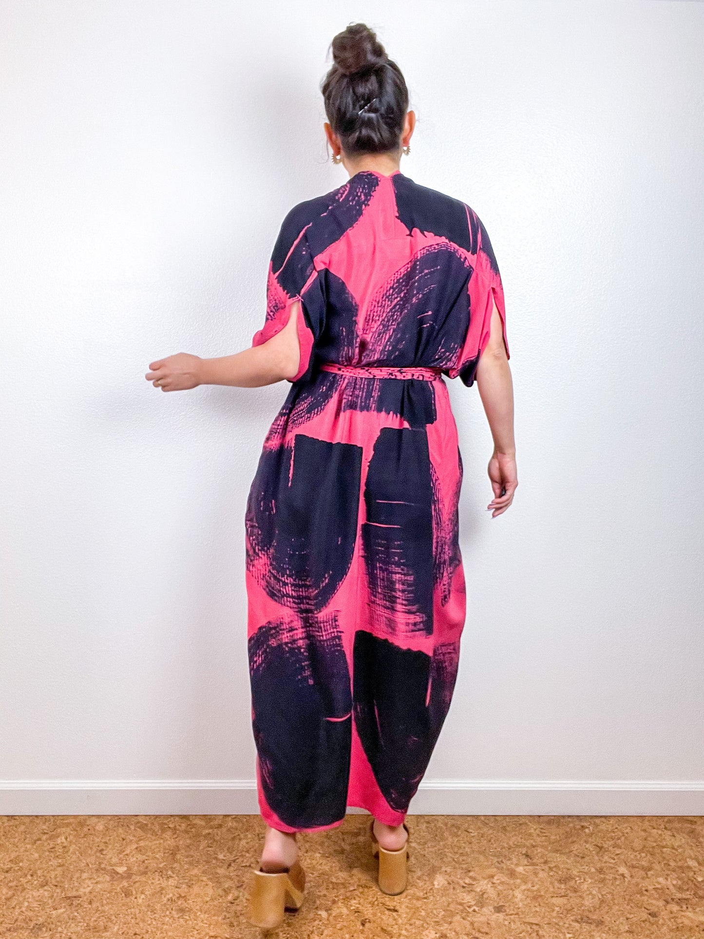 Hand-Dyed High Low Kimono Coral Black Brushstroke