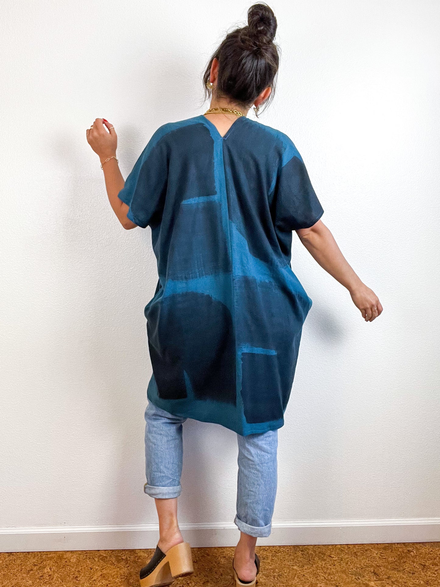 Hand-Dyed Mini Smock Dress Teal Black Brush