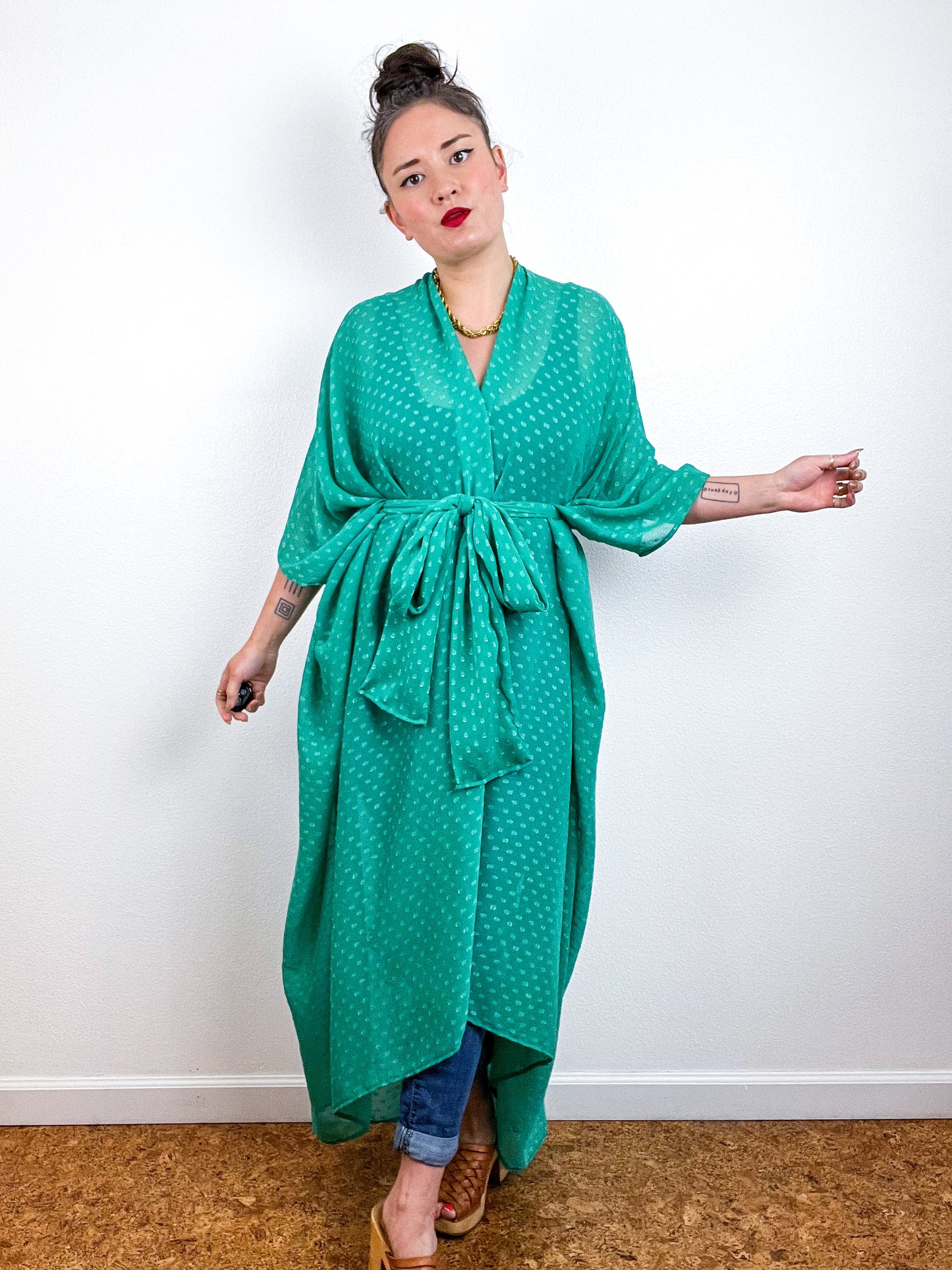 Print High Low Kimono Kelly Green Swiss Dot Chiffon