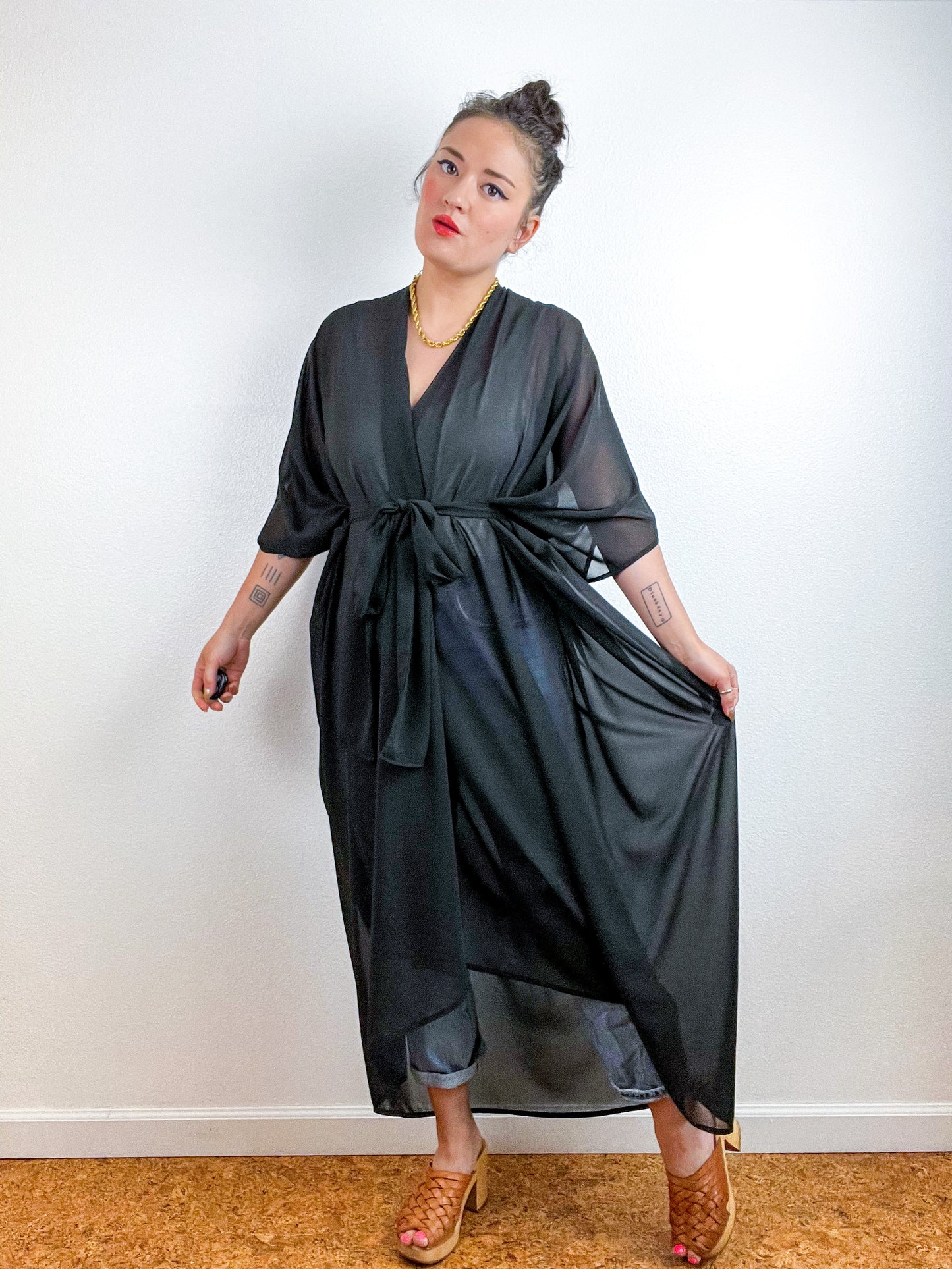 Solid High Low Kimono Black Chiffon