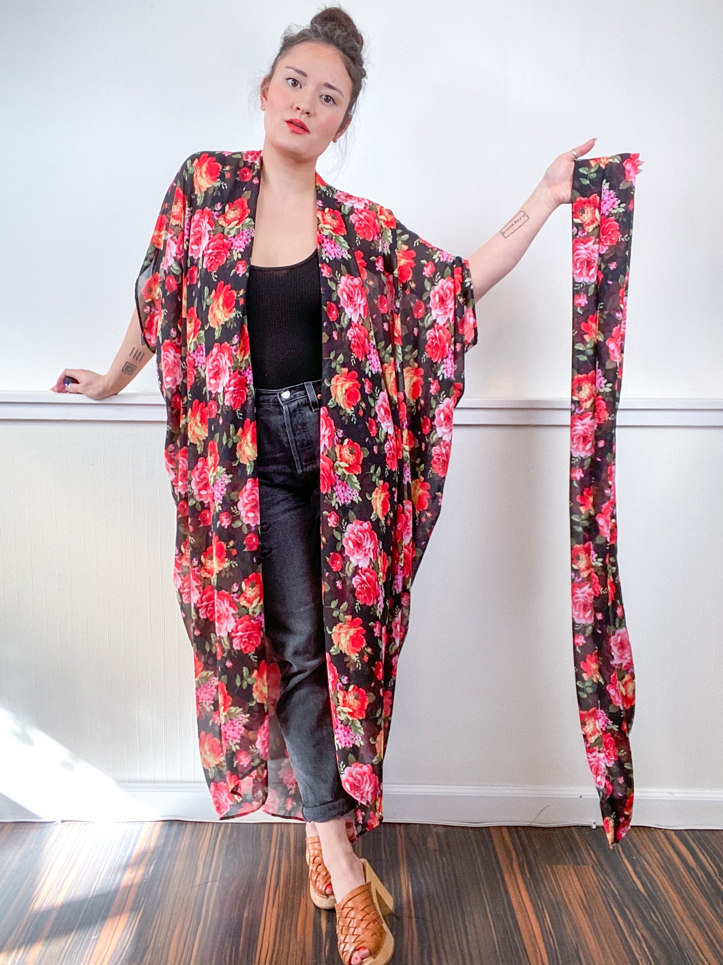 Print High Low Kimono Black Red Rose Floral Chiffon