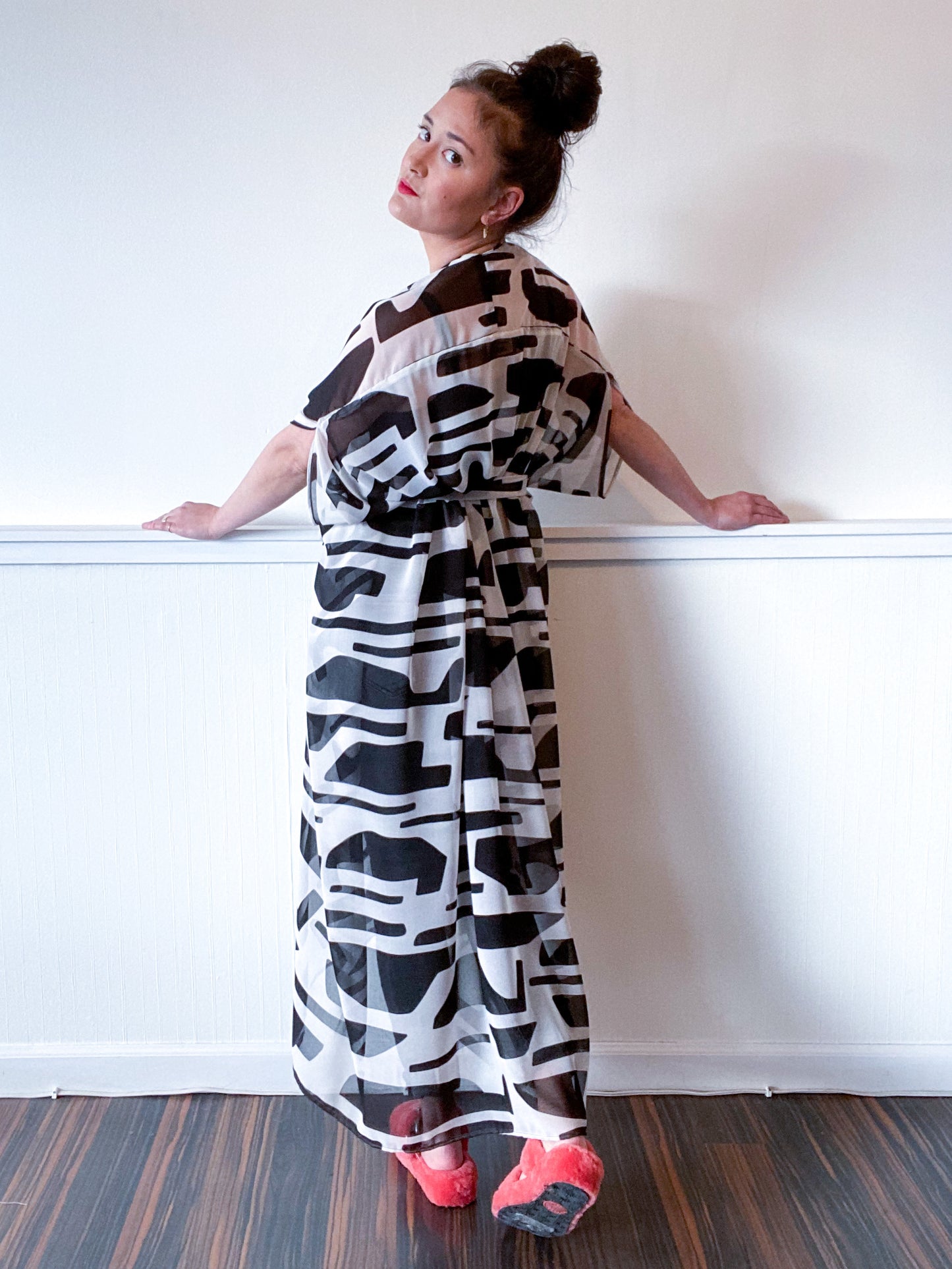 Print High Low Kimono Black White Abstract Chiffon