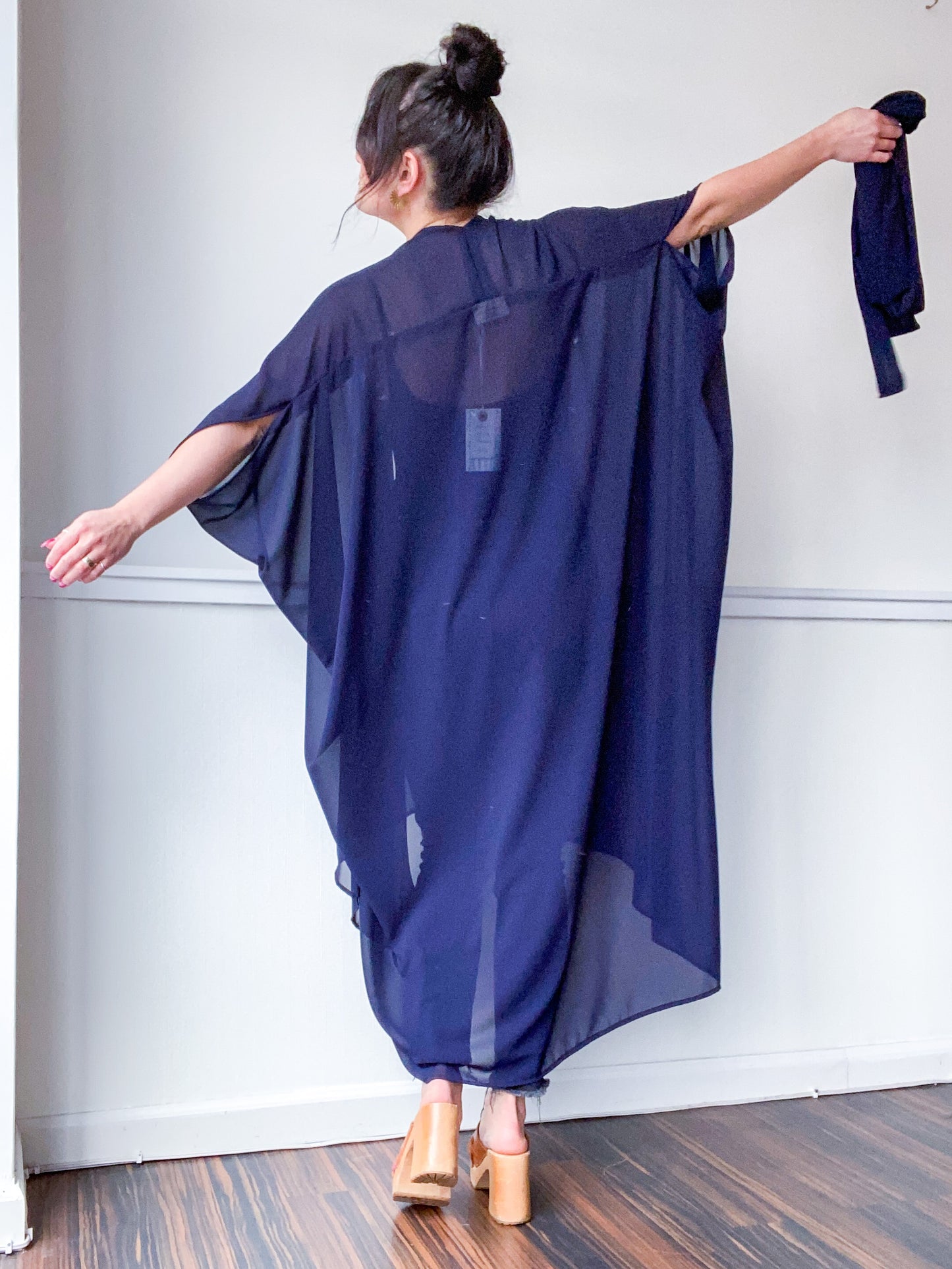 Print High Low Kimono Navy Georgette