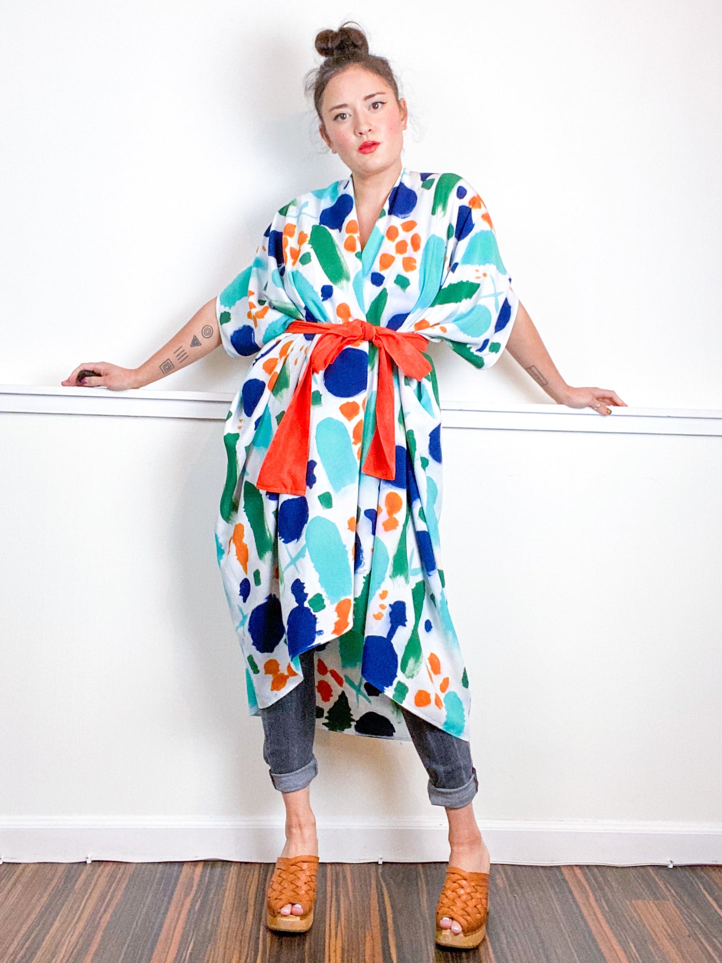 OOAK Hand-Dyed High Low Kimono Indigo Tangerine Emerald Parakeet Confetti