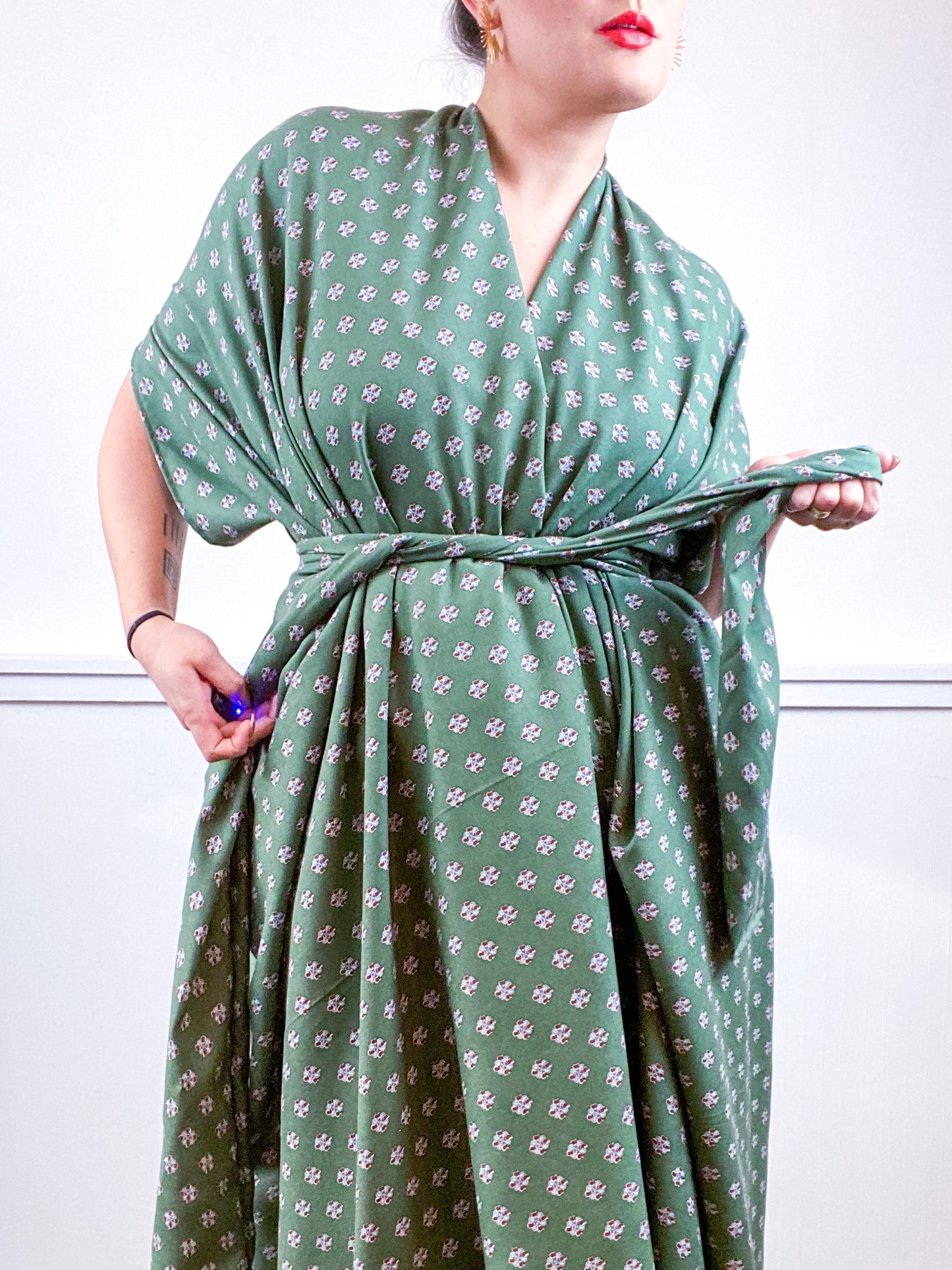 Print High Low Kimono Olive Tie Challis