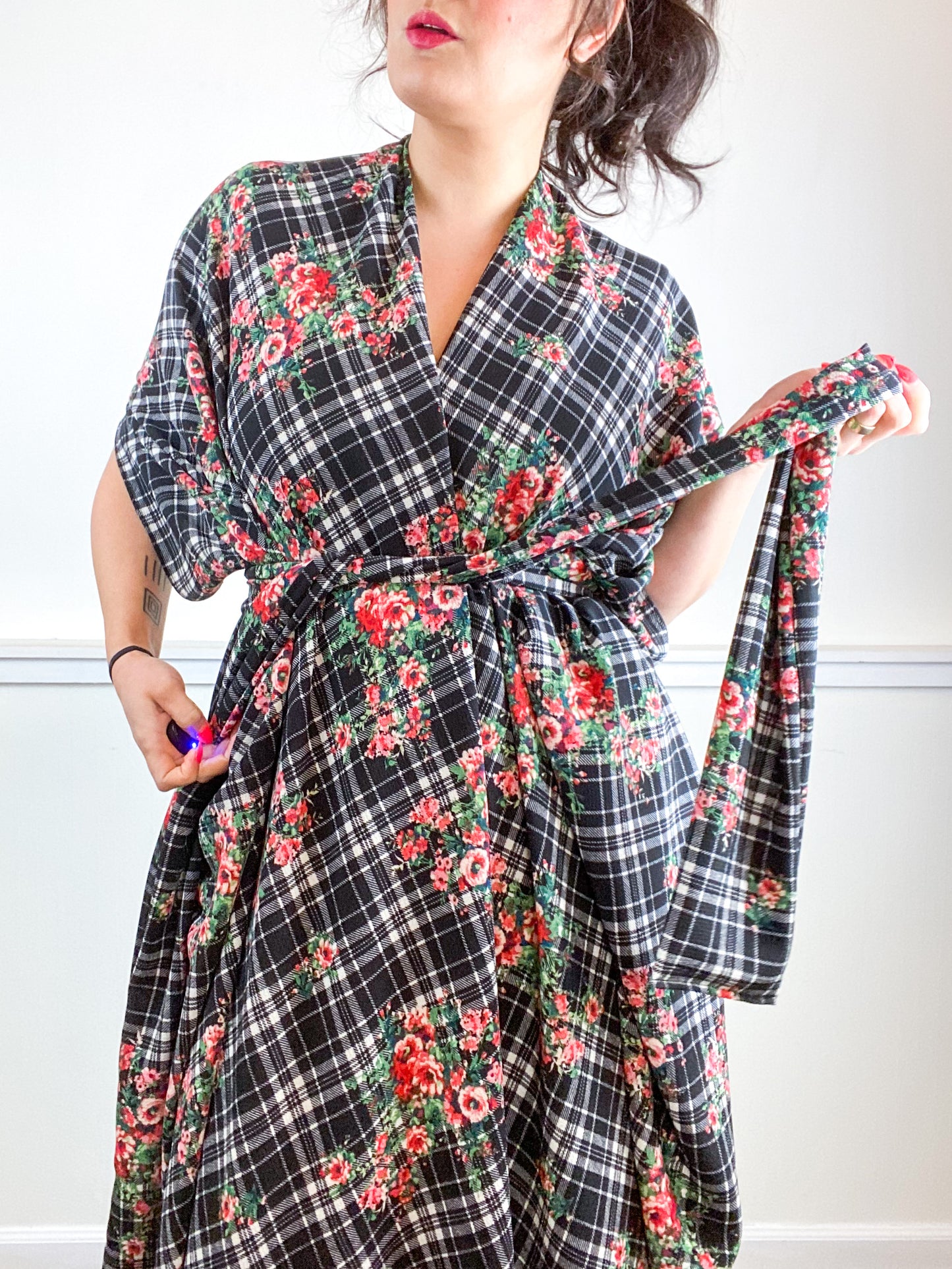 Print High Low Kimono Floral Plaid Bubble Crepe