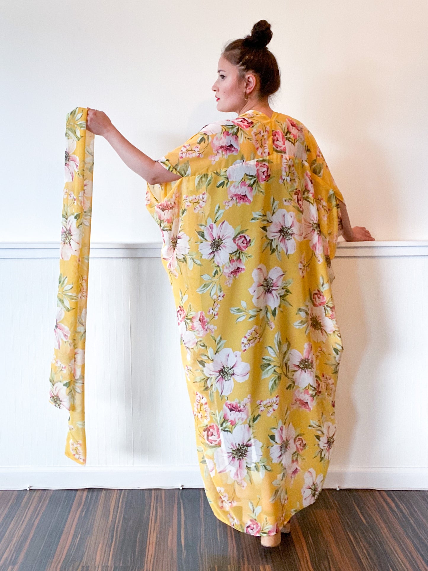 Print High Low Kimono Goldenrod Floral Chiffon