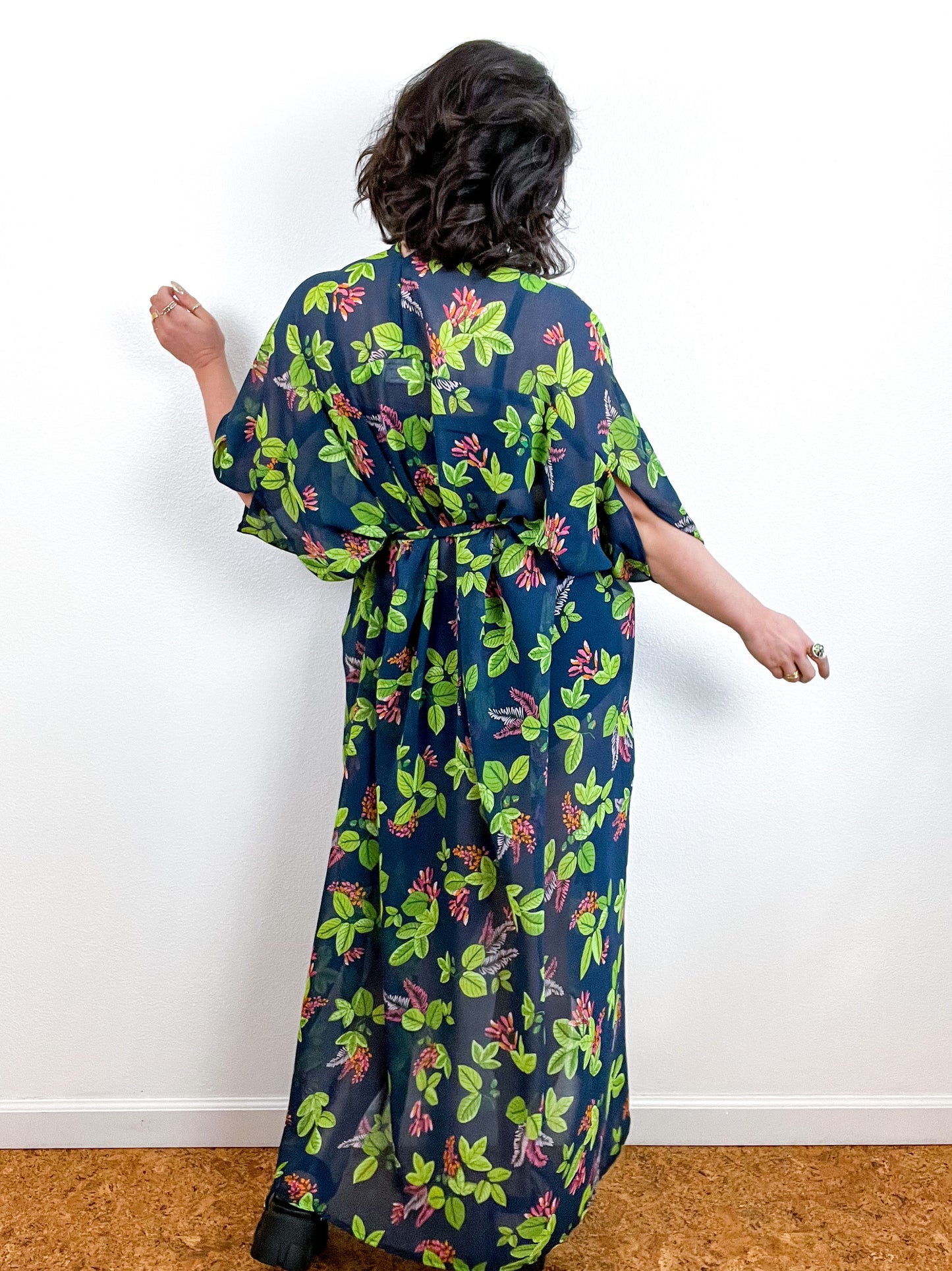 Print High Low Kimono Navy Green Floral Bunch Chiffon