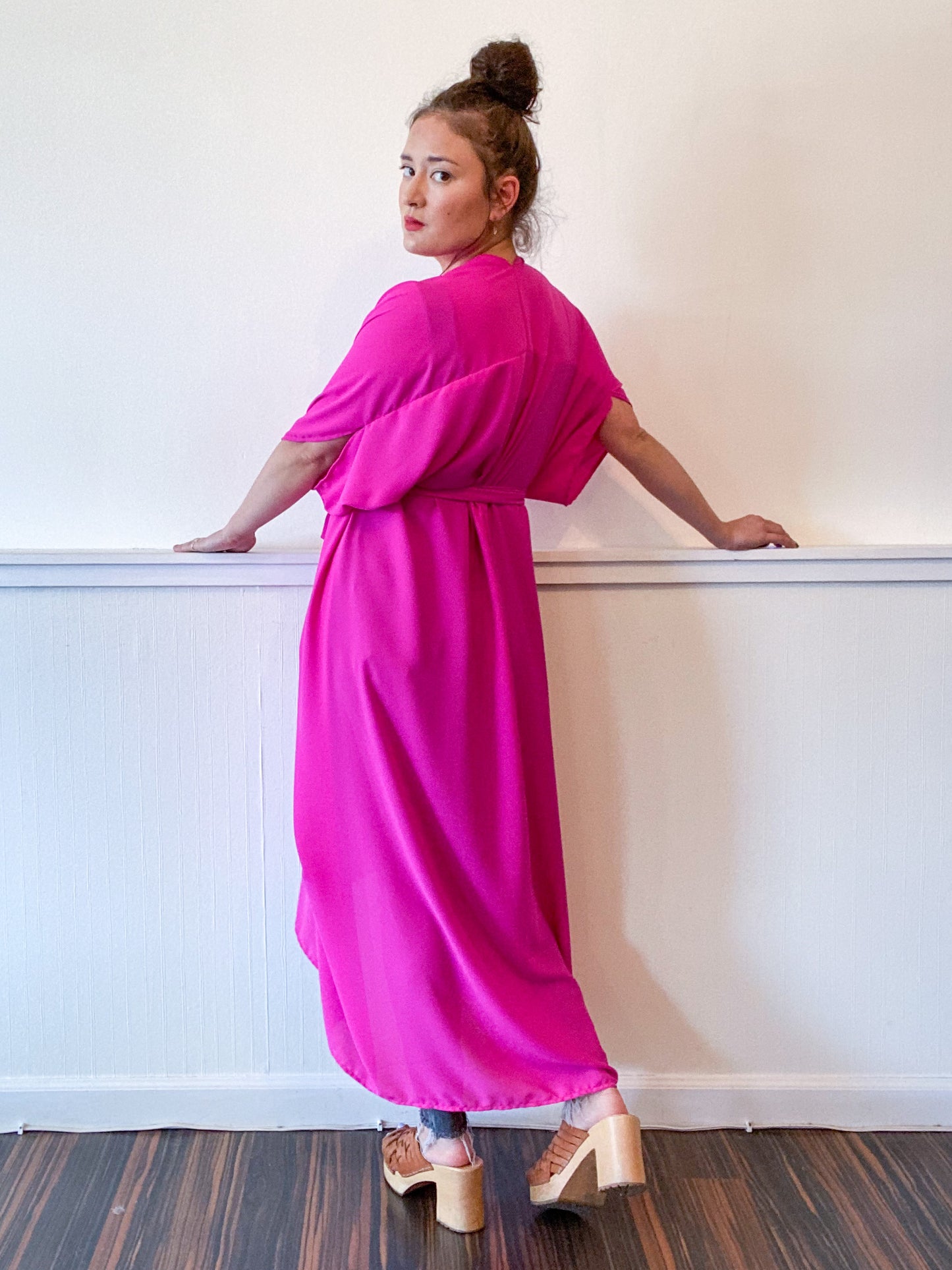 Solid High Low Kimono Hot Pink Georgette
