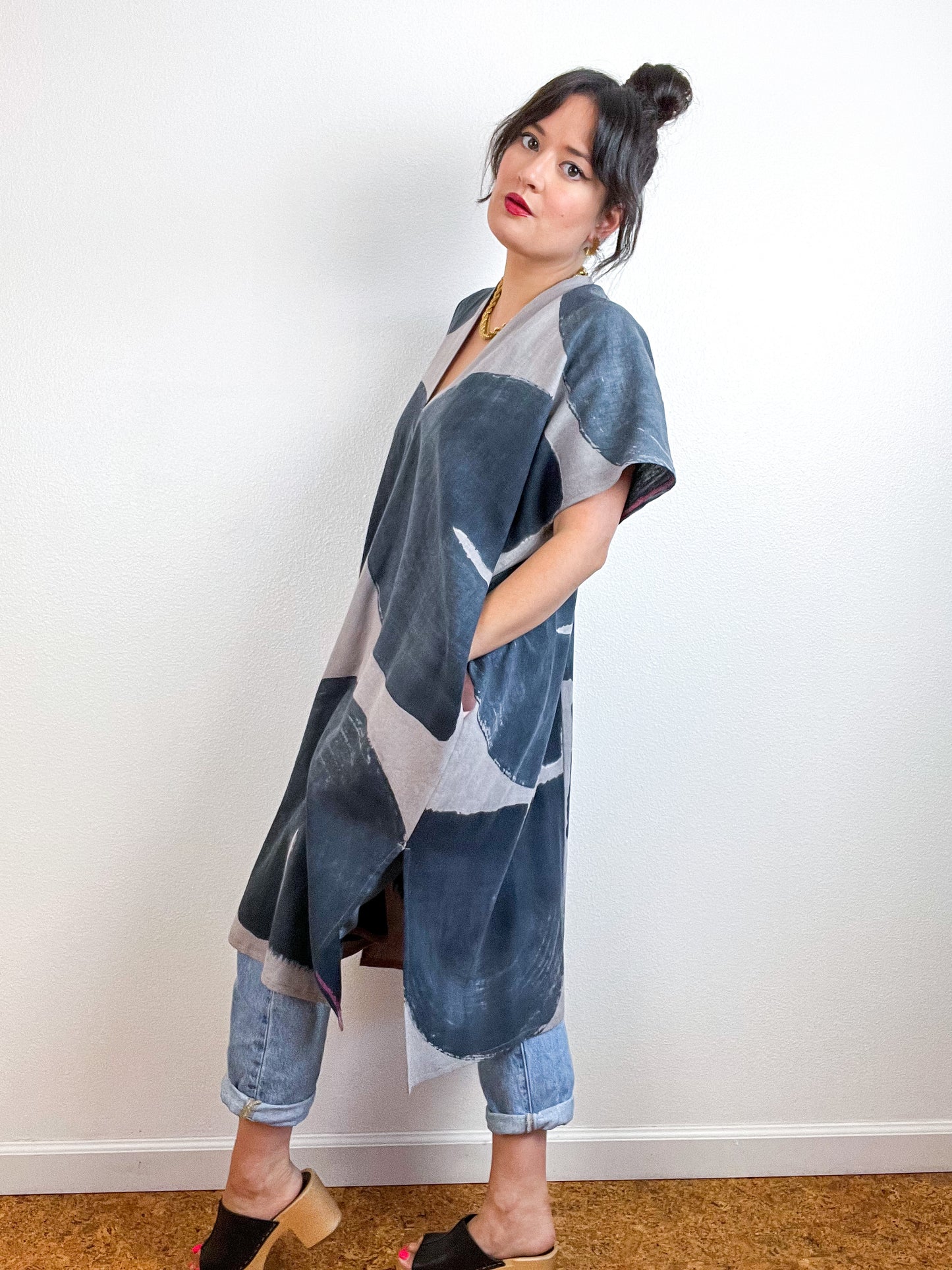 Hand-Dyed Midi Smock Dress Cocoa Graphite Brush