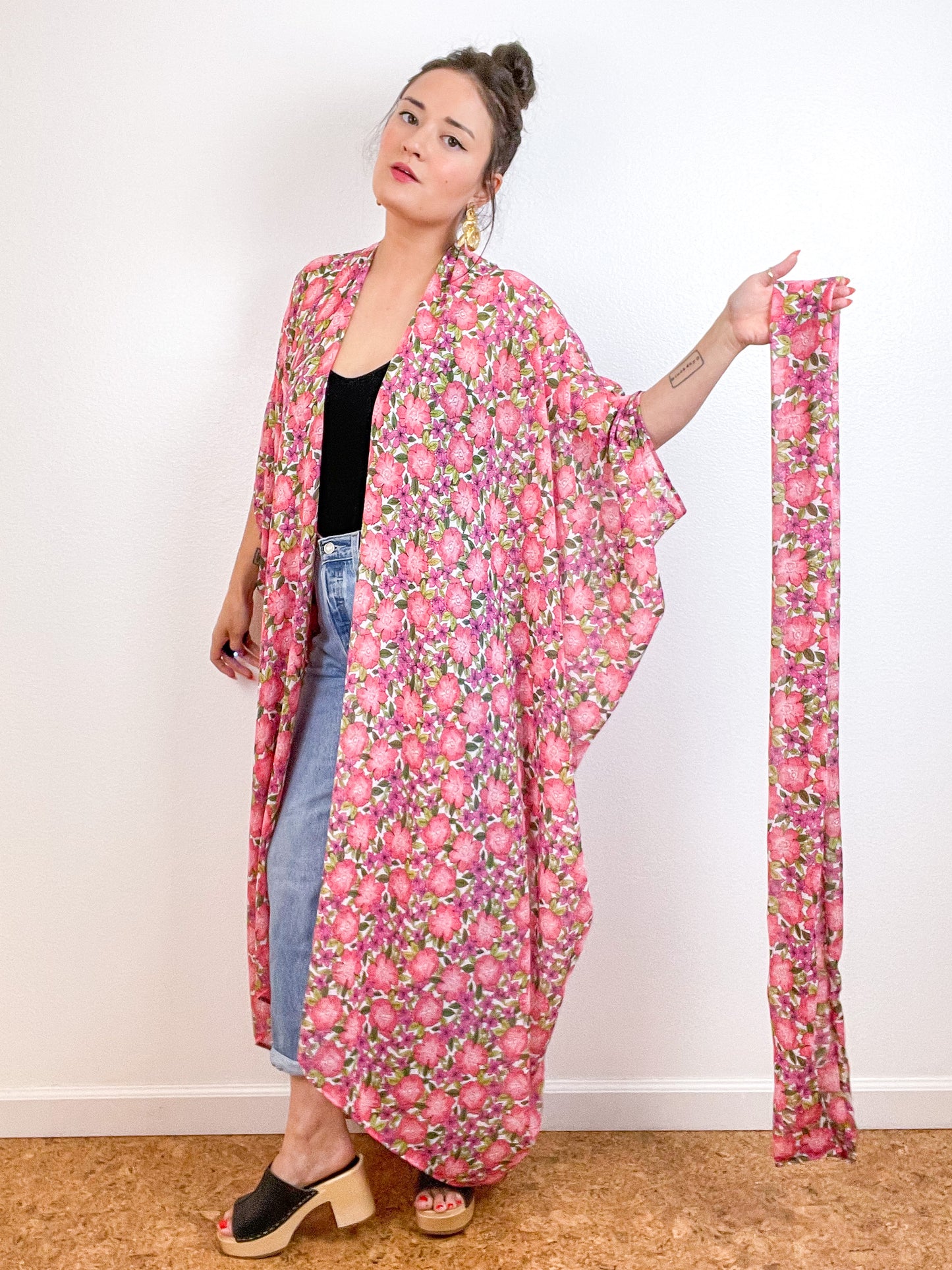 Print High Low Kimono Pink Pansy Floral Chiffon