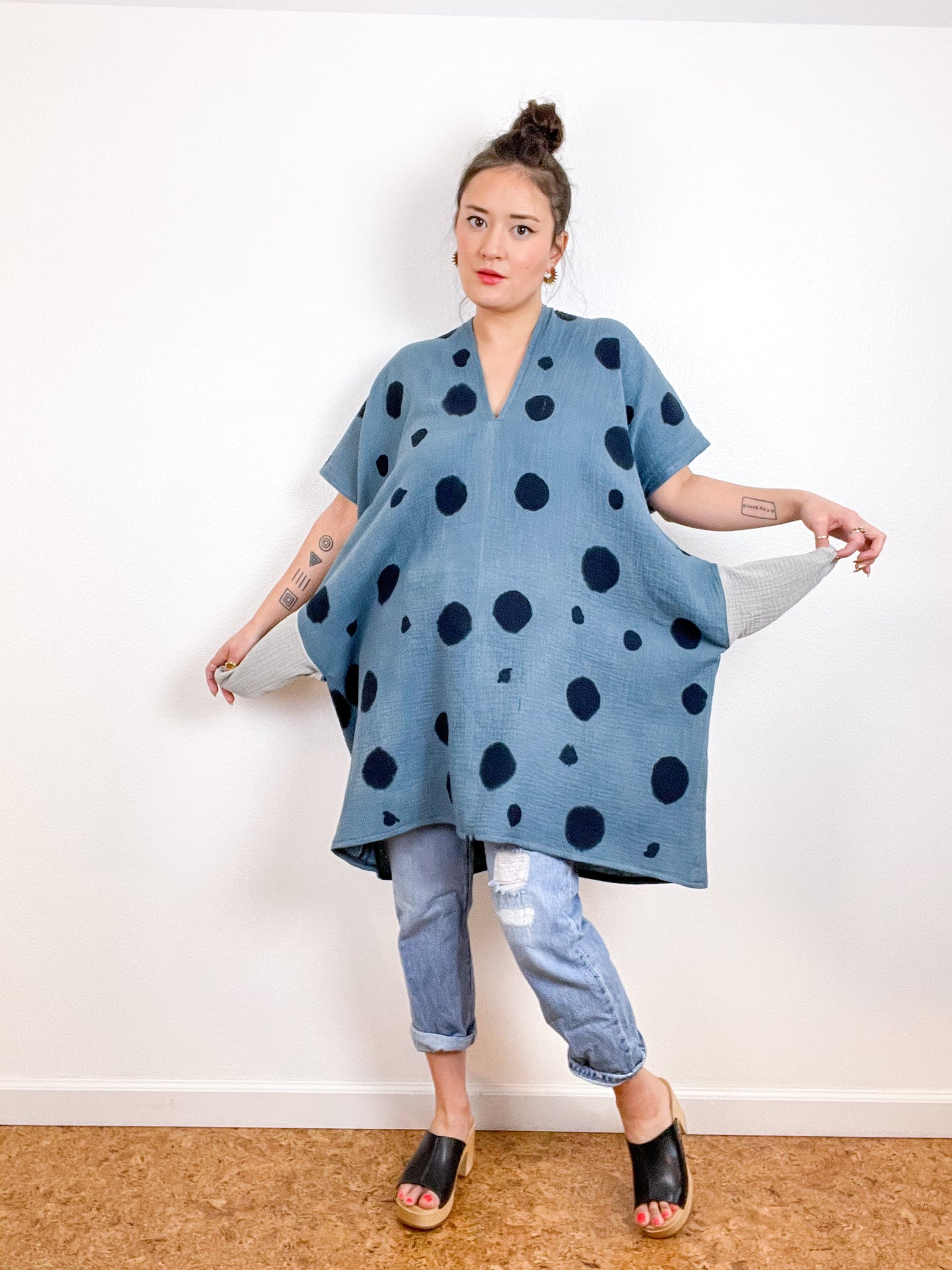 Hand-Dyed Double Gauze Smock Dress Spruce Dots