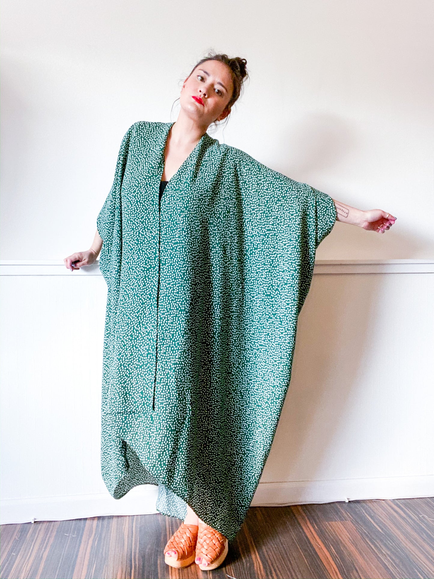 Print High Low Kimono Hunter Green Mini Floral