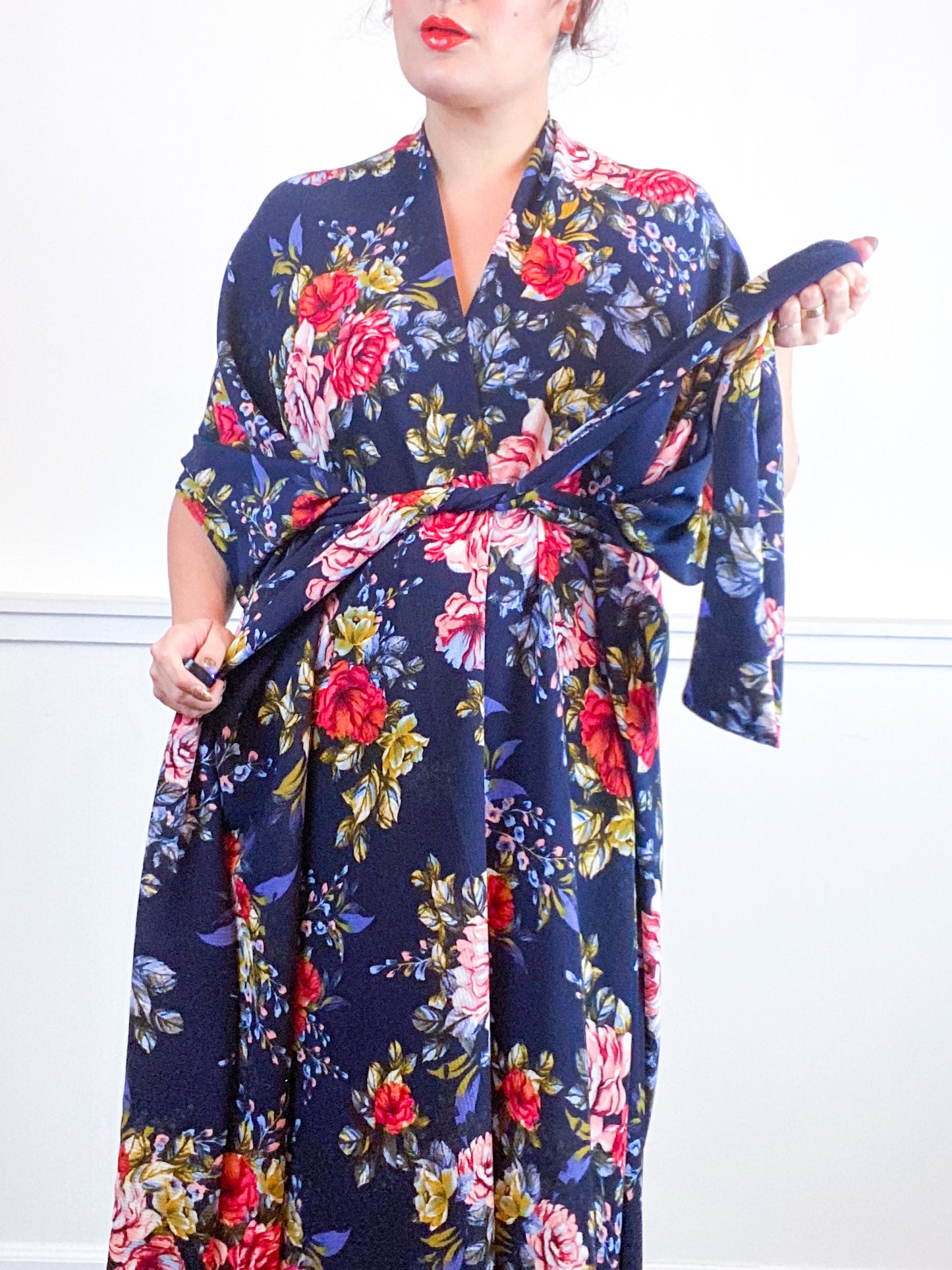 Print High Low Kimono Navy Bouquet Floral Bubble Crepe