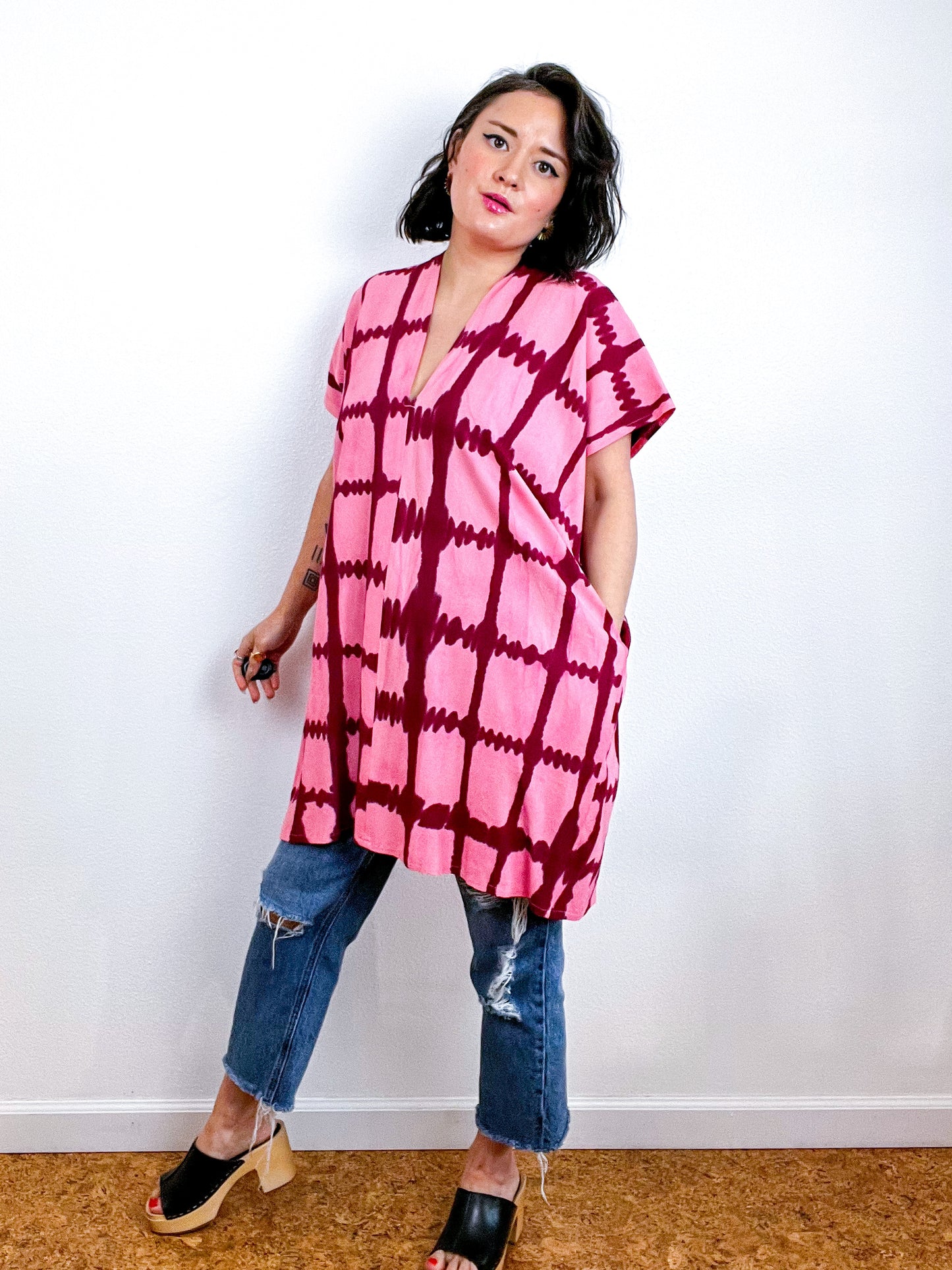 Hand-Dyed Mini Smock Dress Pink Maroon Windowpane