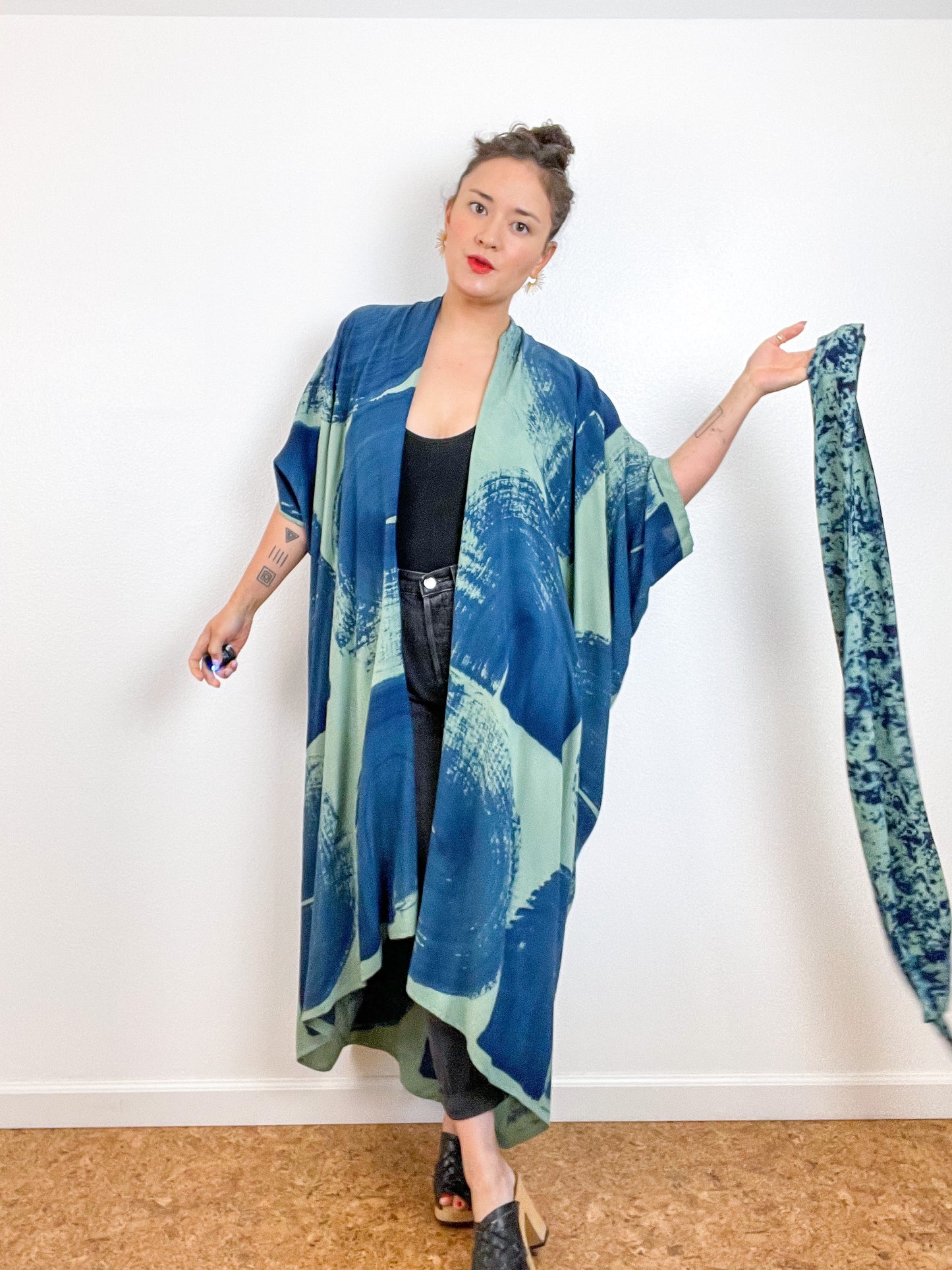 Hand-Dyed High Low Kimono Sage Indigo Brushstroke
