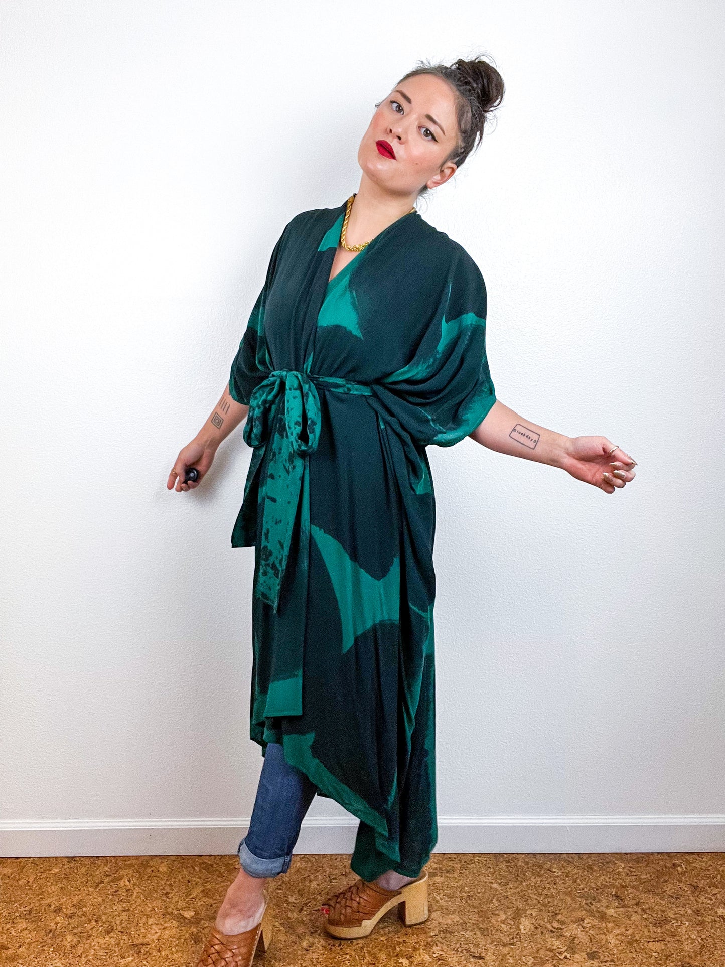 Hand-Dyed High Low Kimono Emerald Black Brushstroke