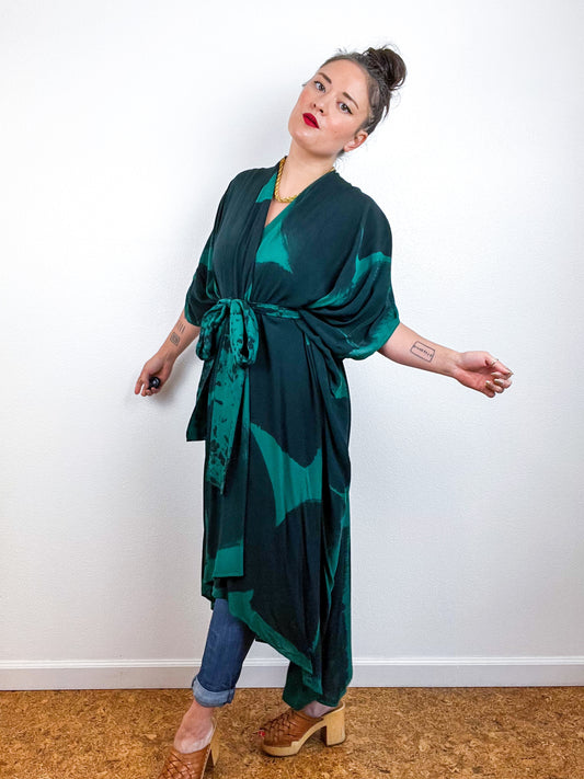 Hand-Dyed High Low Kimono Emerald Black Brushstroke