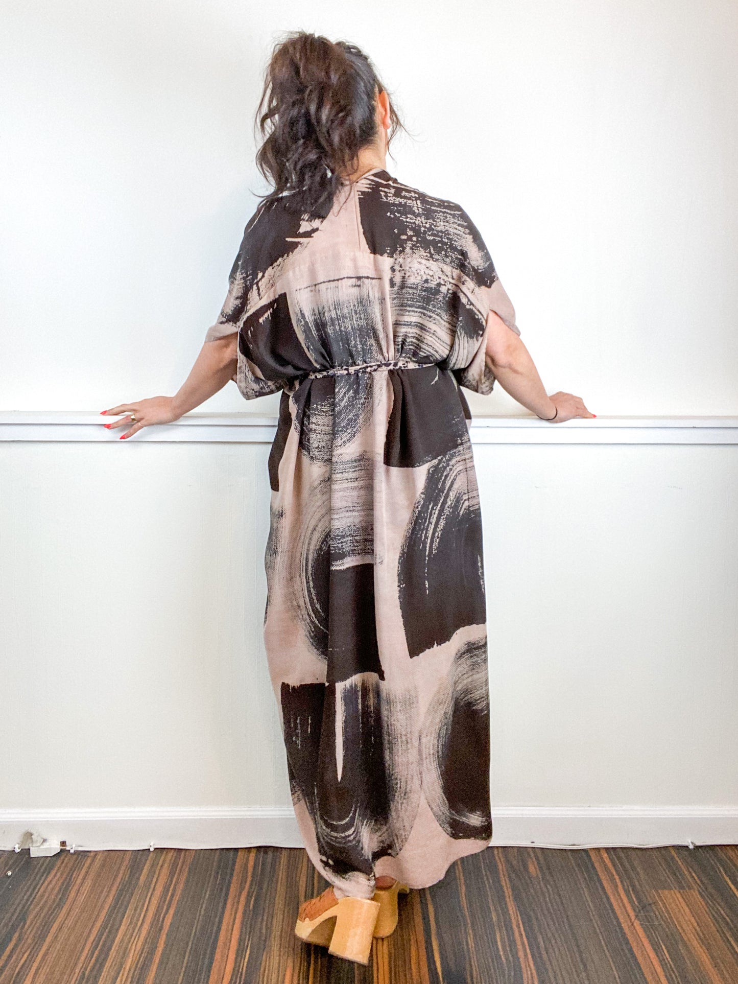 Hand-Dyed High Low Kimono Textured Blush Black Brushstroke