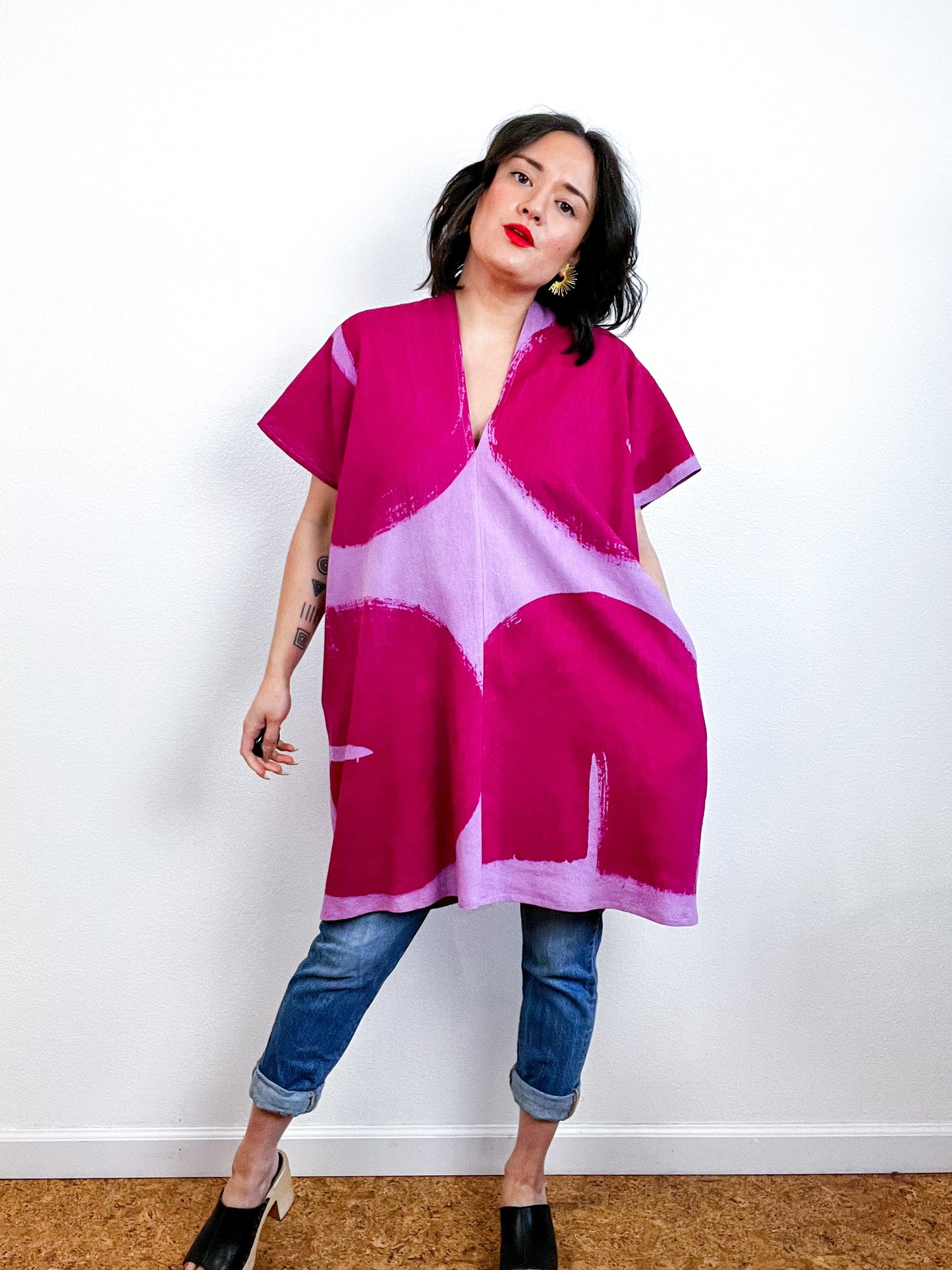 Hand-Dyed Mini Smock Dress Lilac Fuchsia Brush