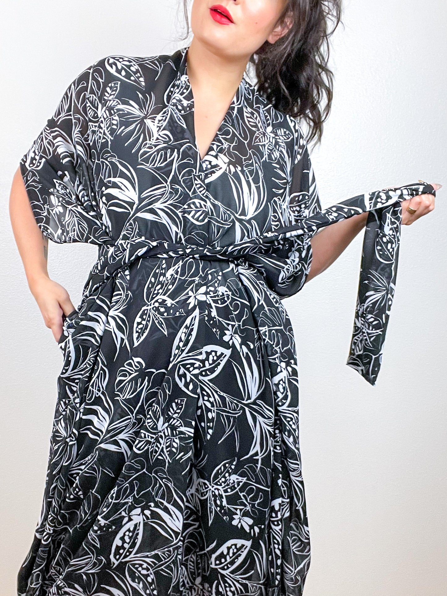 Print High Low Kimono Black White Leaves Chiffon