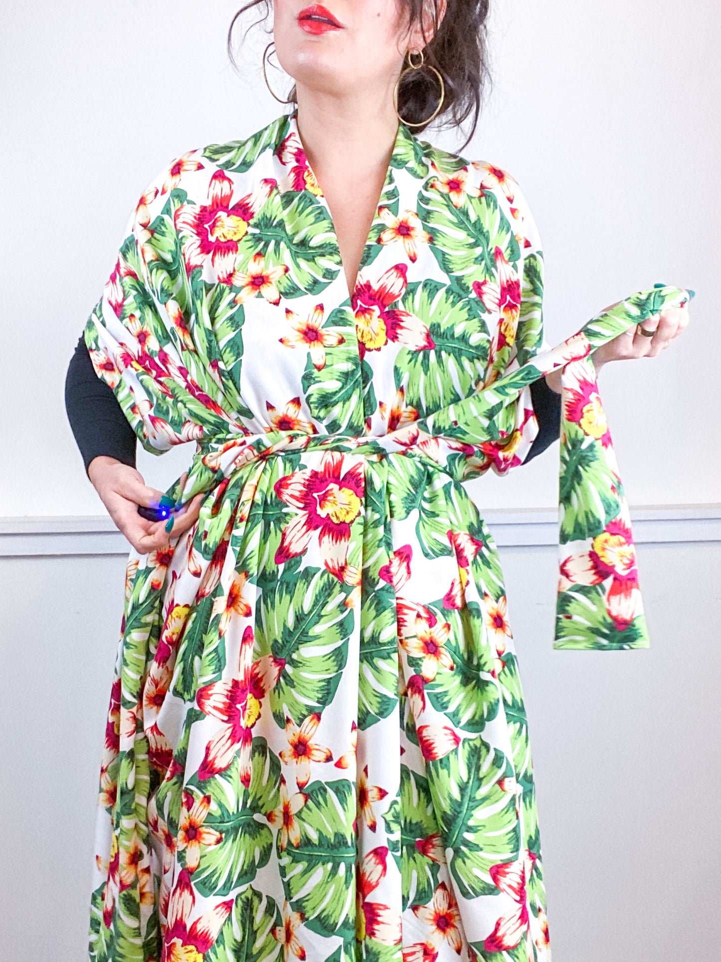 Print High Low Kimono White Tropical Rayon Challis