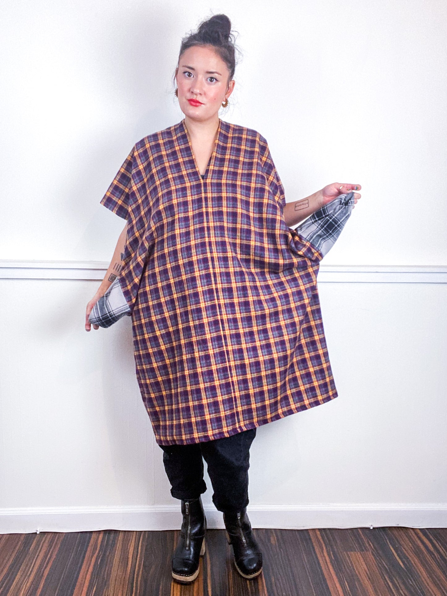 Plaid Smock Dress Grey Maroon Mustard