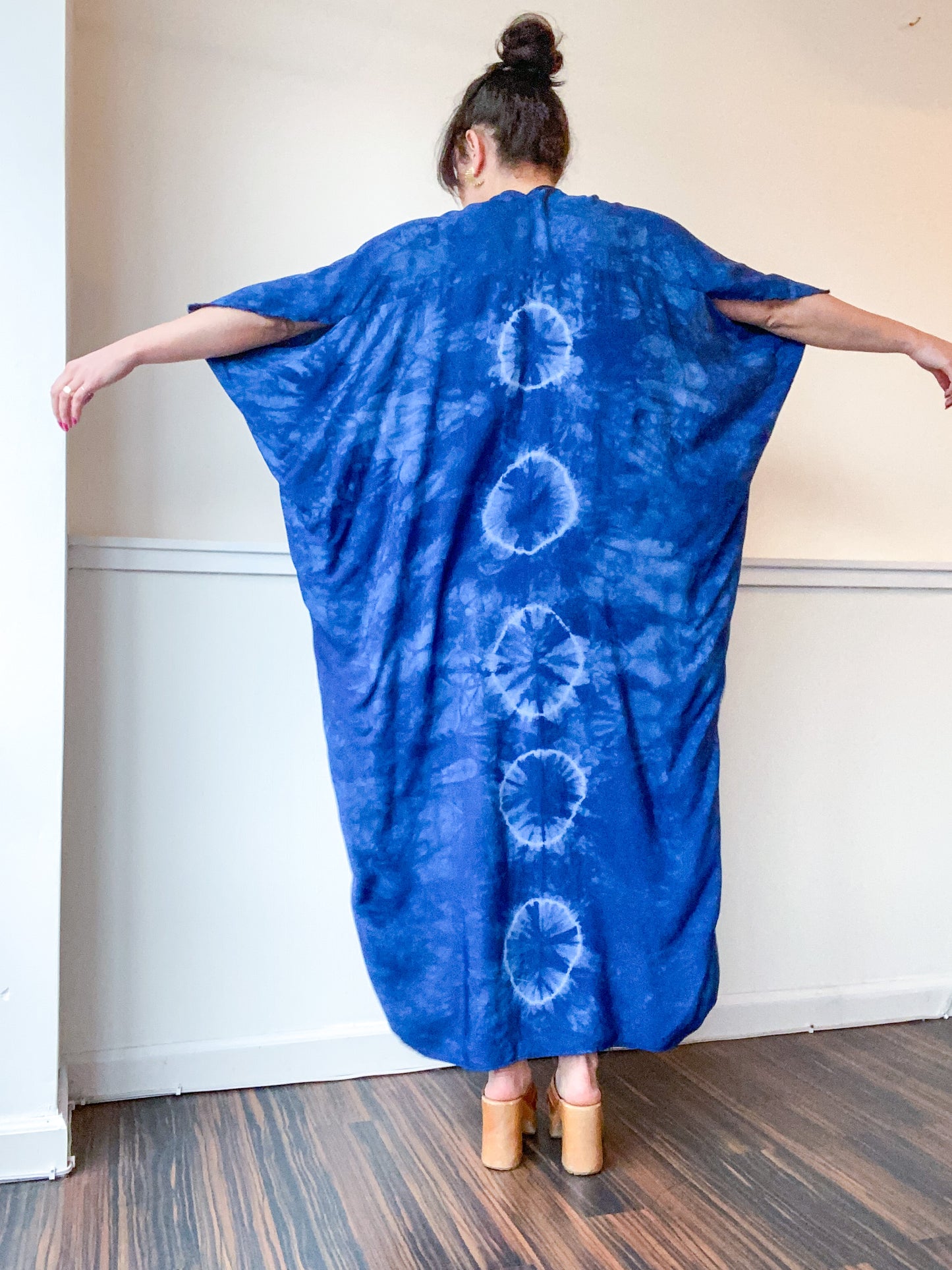 Hand-Dyed High Low Kimono Indigo Circles