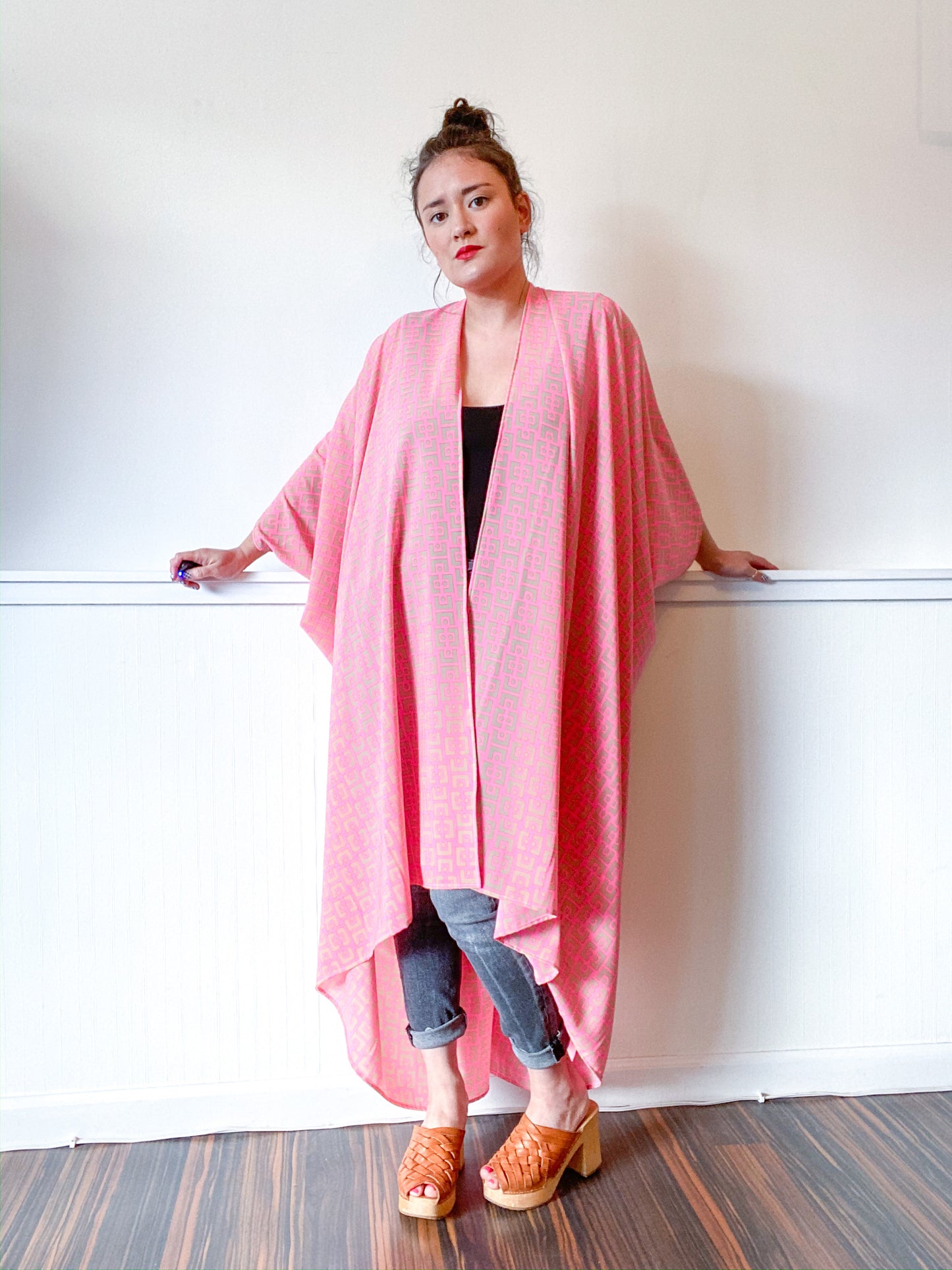 Print High Low Kimono Peach Tan Mid Century Mod