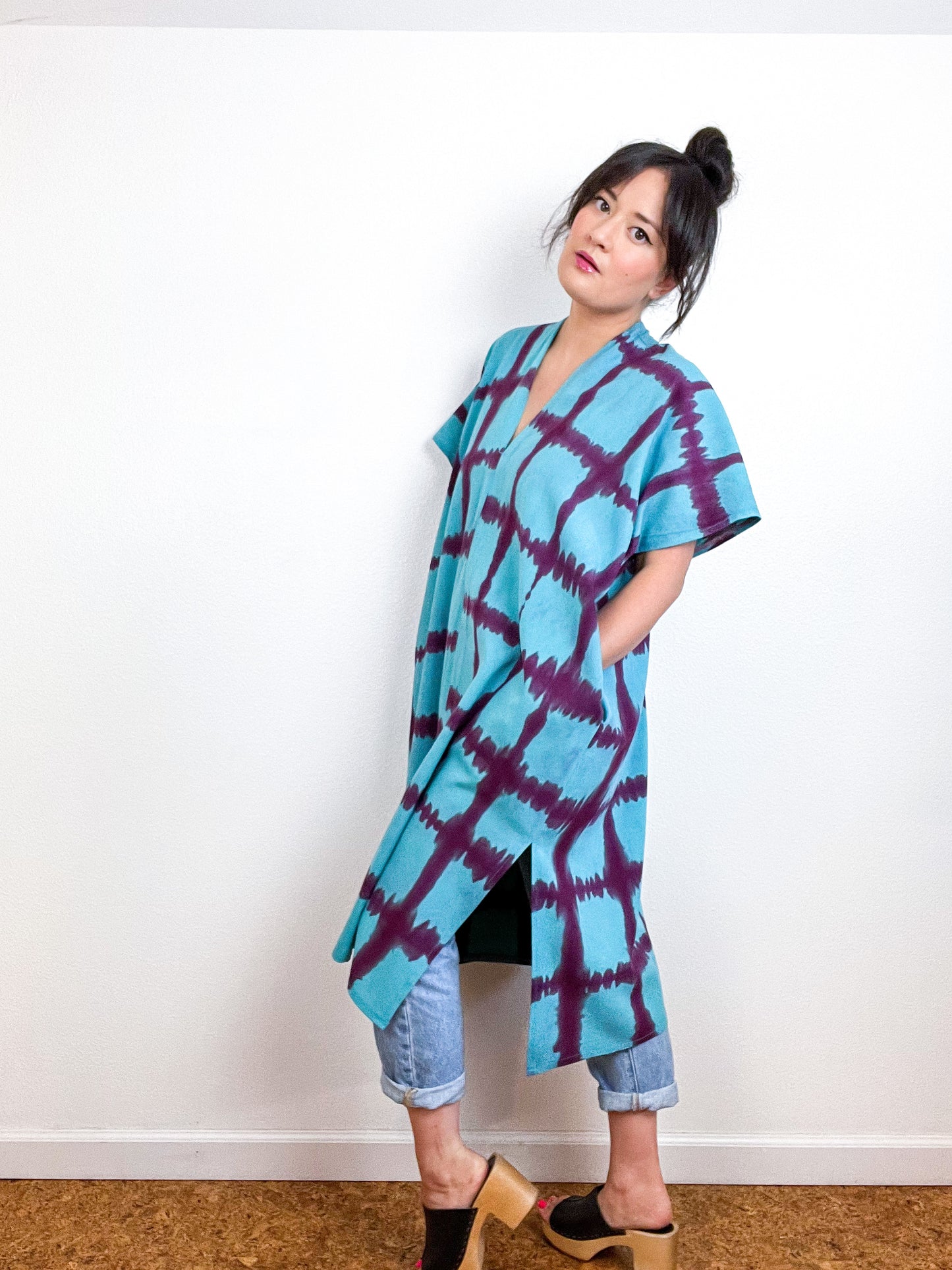 Hand-Dyed Midi Smock Dress Turquoise Maroon Windowpane
