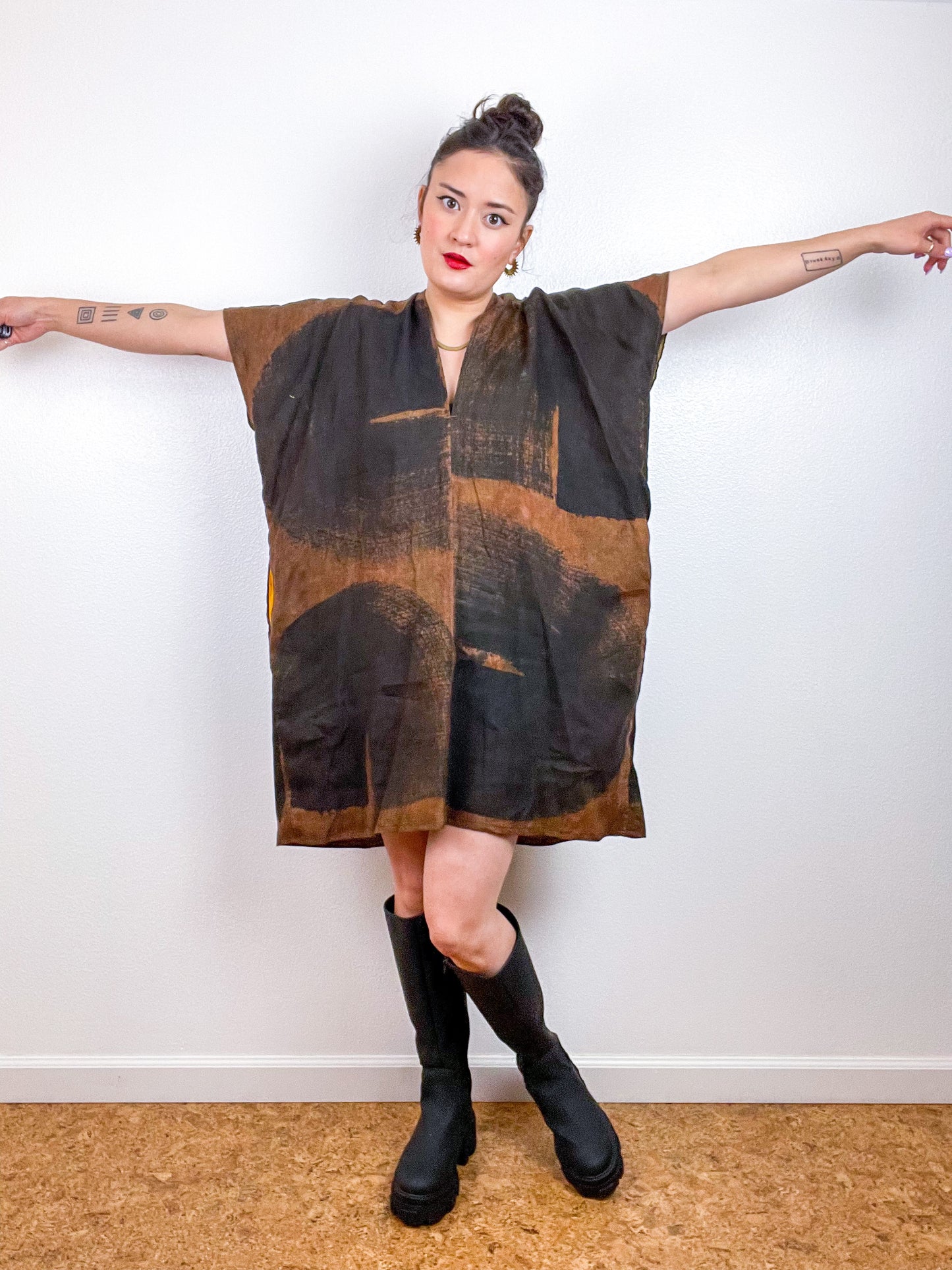 Hand-Dyed Linen Smock Dress Chestnut Black Brushstrokes