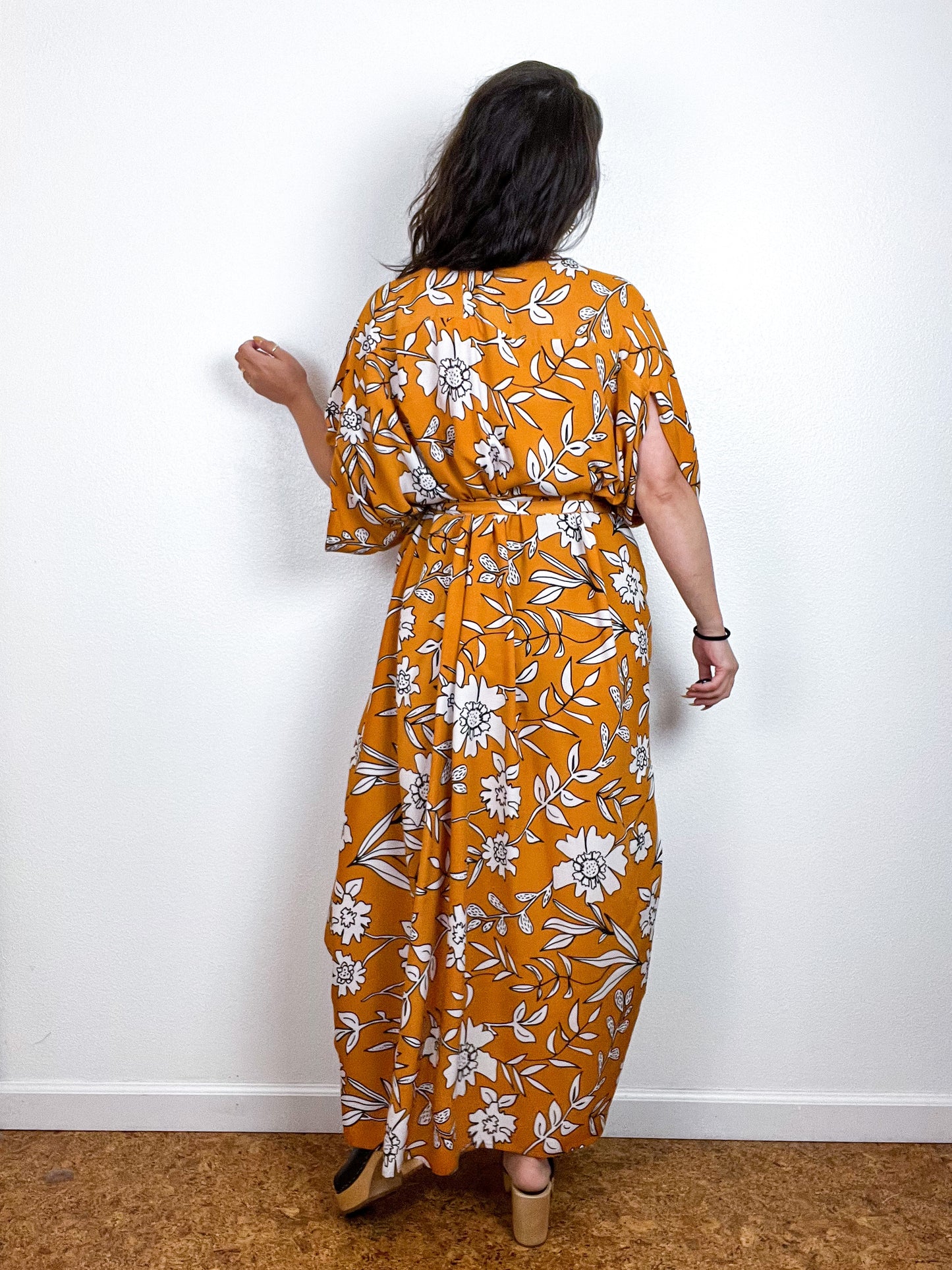 Print High Low Kimono Goldenrod Floral Challis