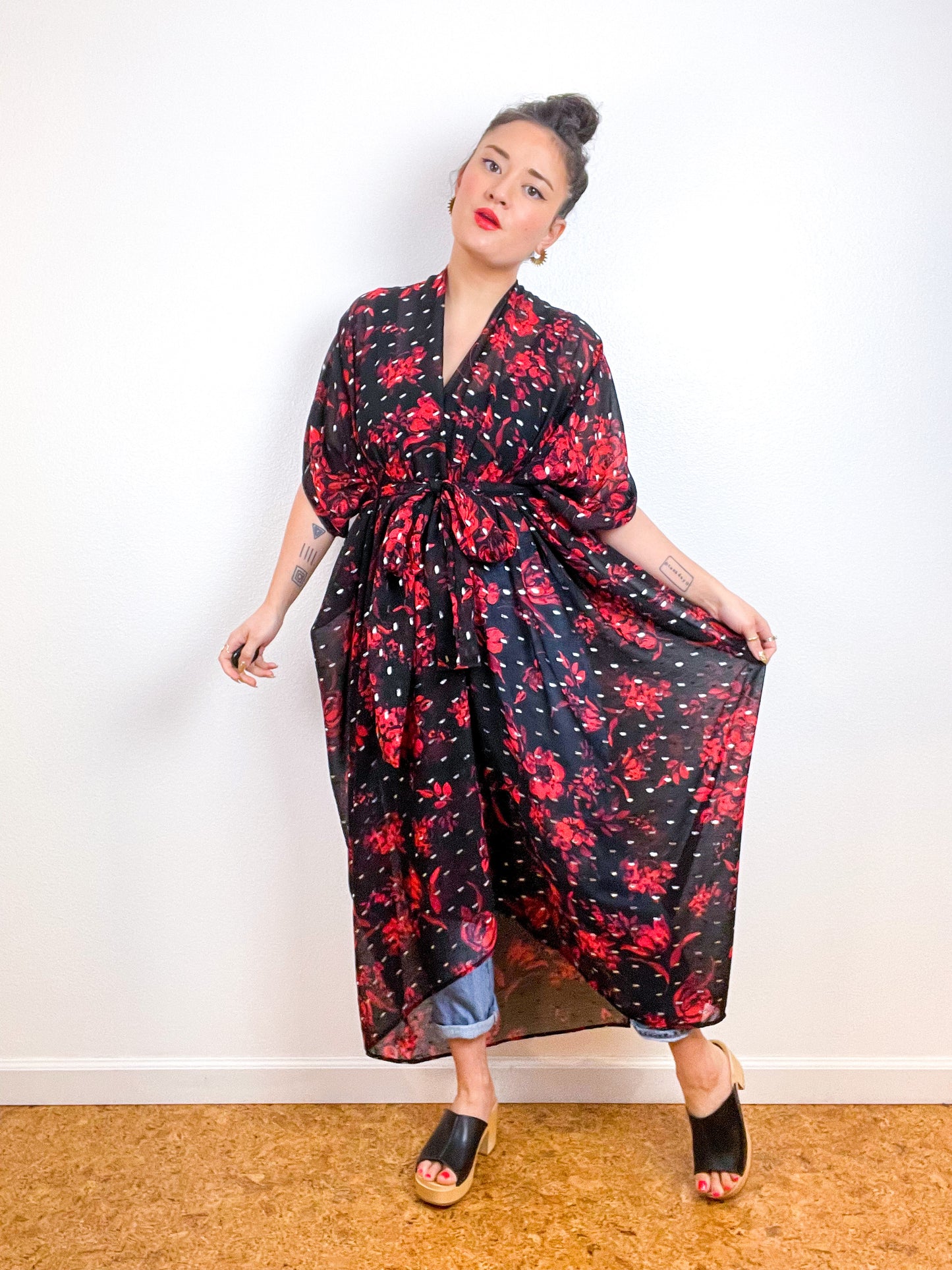 Print High Low Kimono Red Rose Silver Chiffon