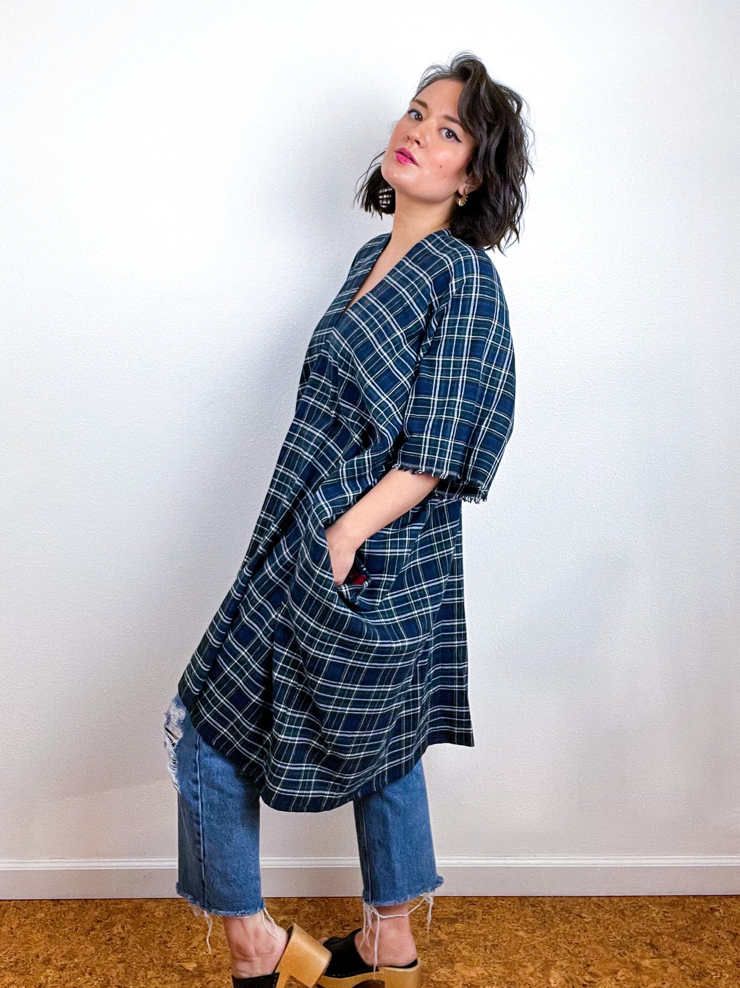 Plaid Oversized Smock Dress Navy