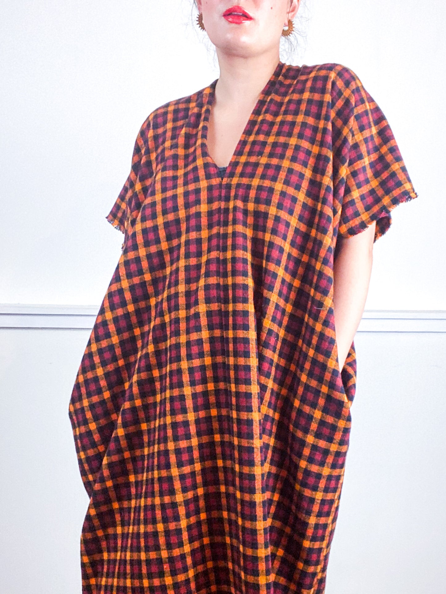 Plaid Smock Dress Orange Maroon Check