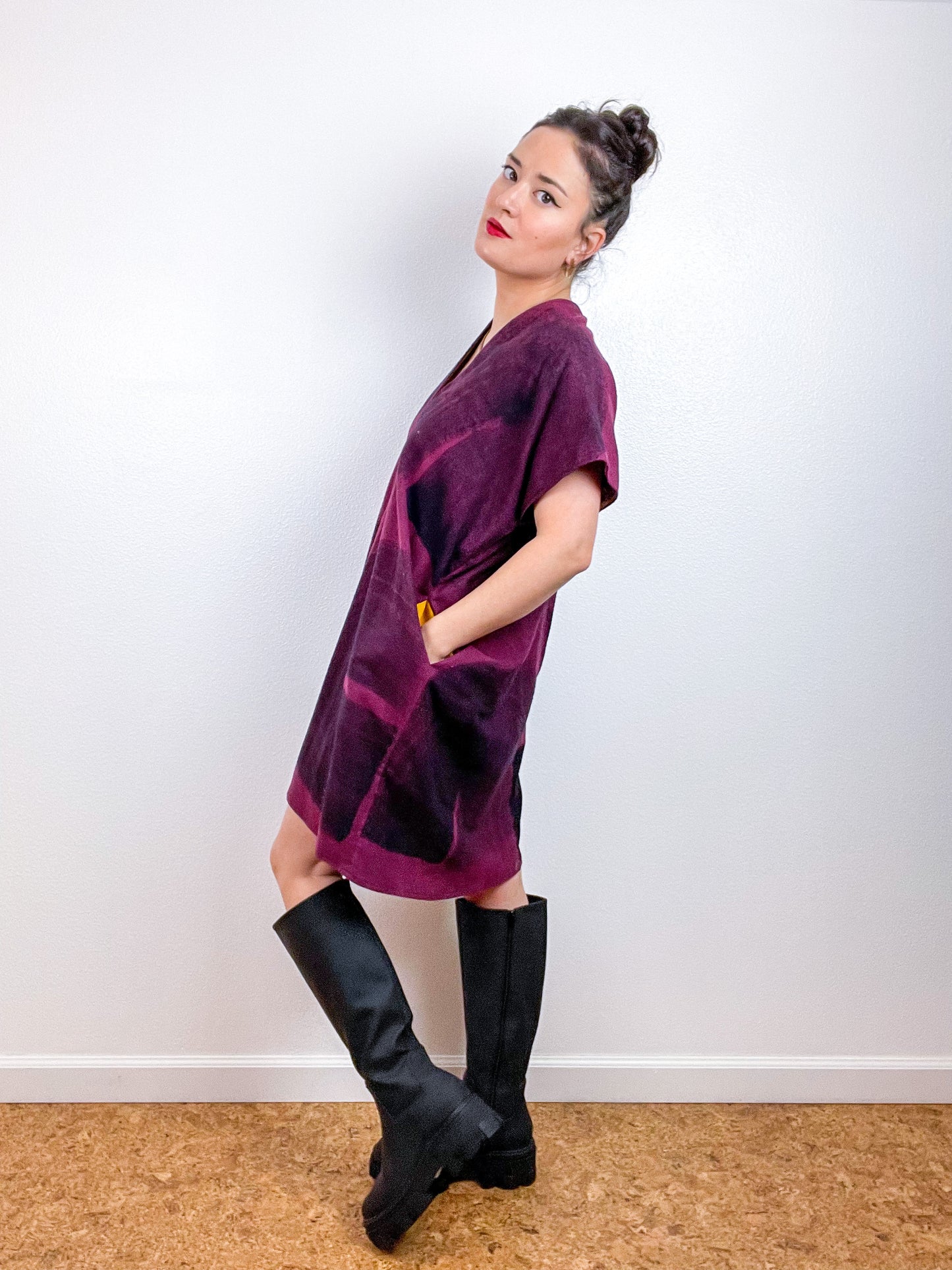 Hand-Dyed Flannel Smock Dress Berry Brushstrokes