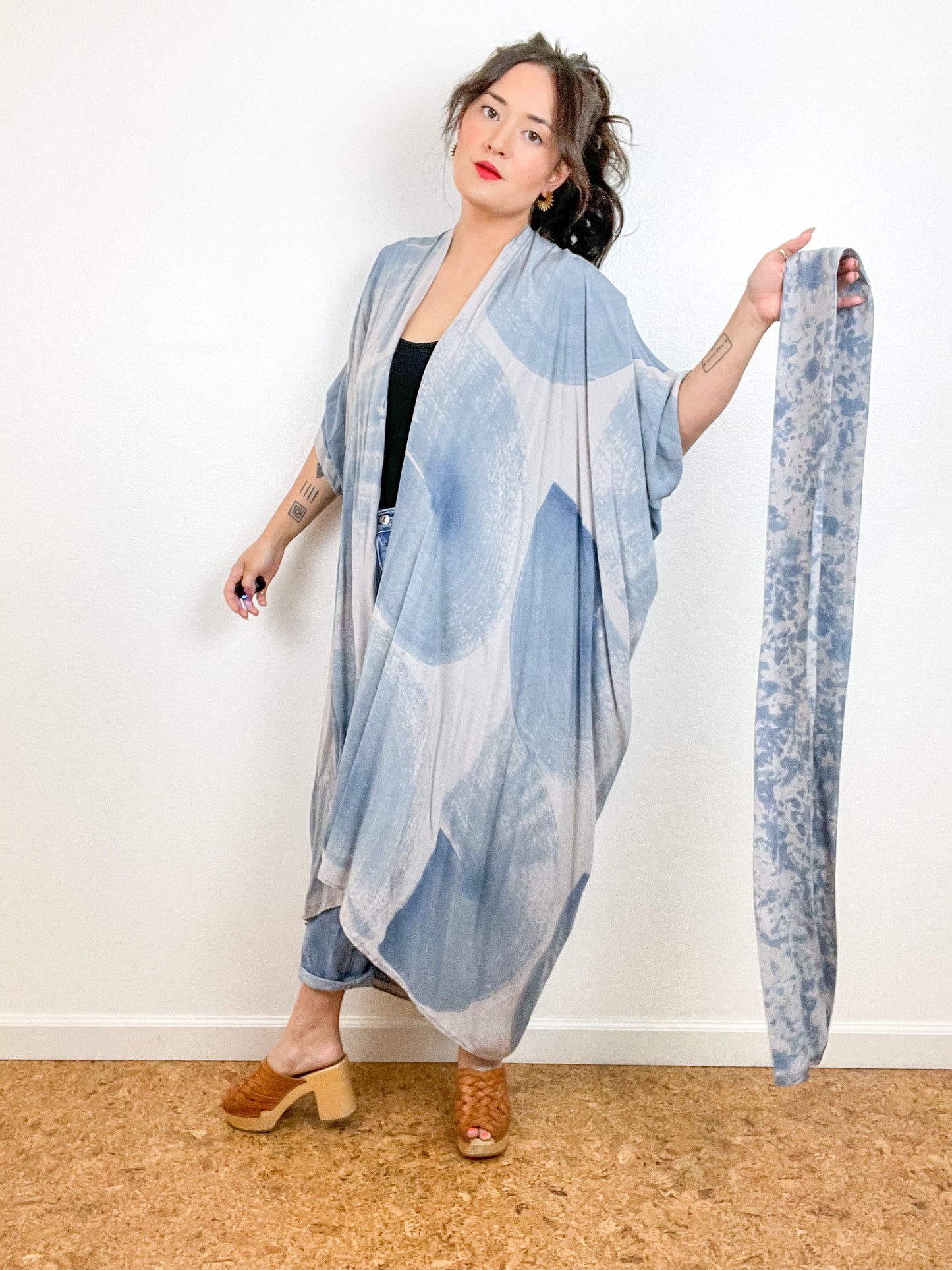 Hand-Dyed High Low Kimono Grey Blue Brushstroke