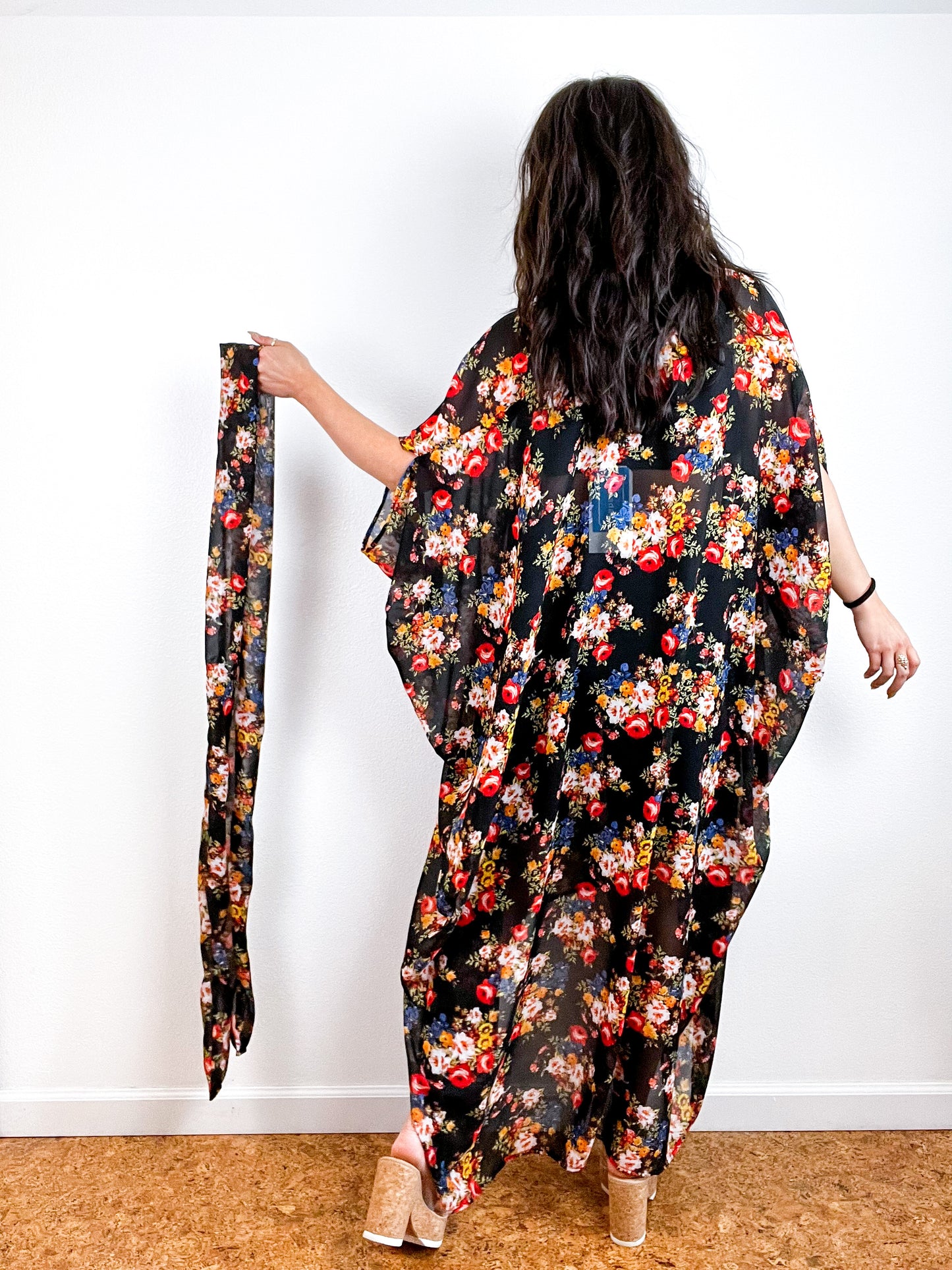 Print High Low Kimono Black Mini Bouquet Floral Chiffon