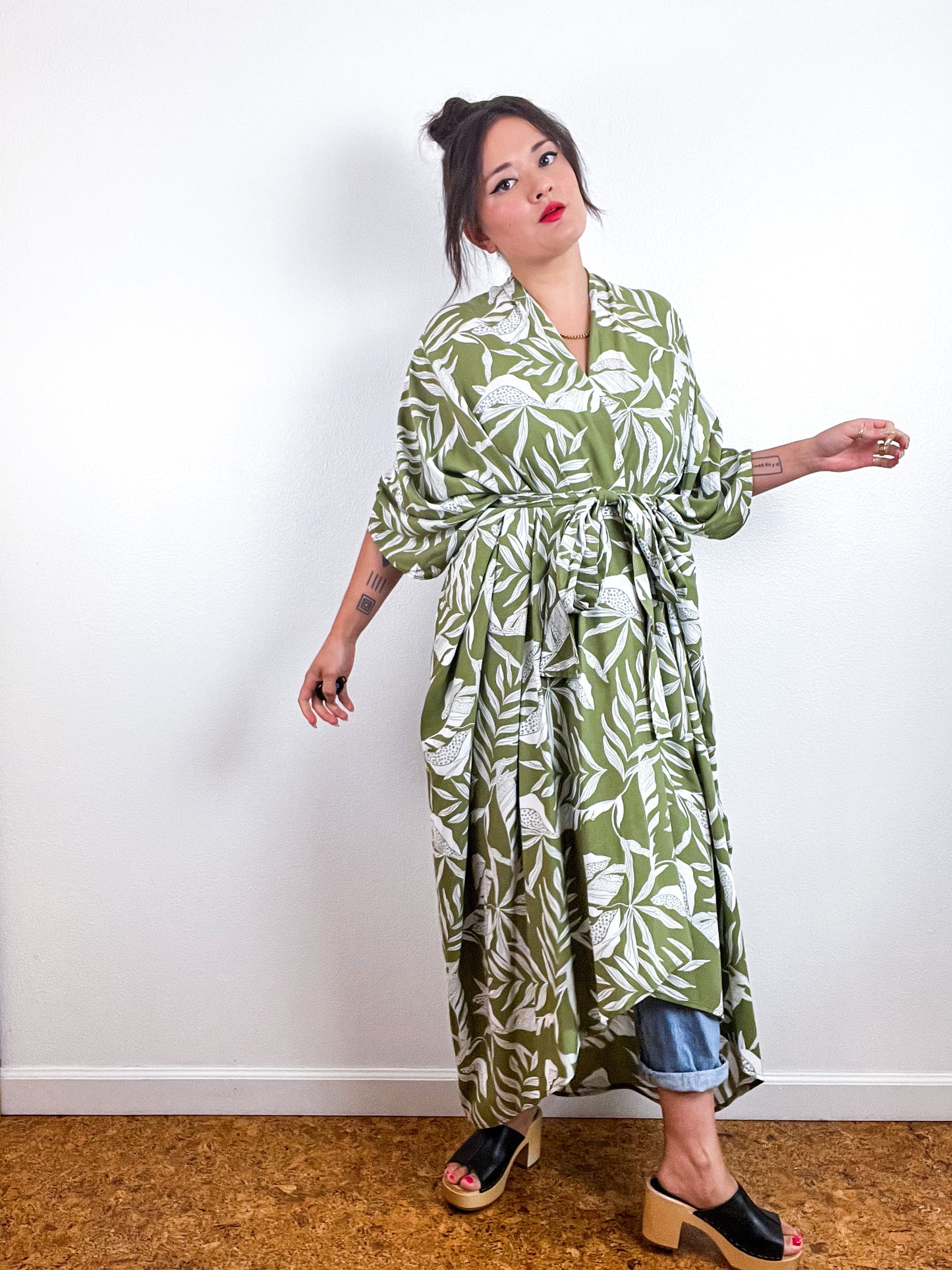 Print High Low Kimono Green Ivory Leaves Challis