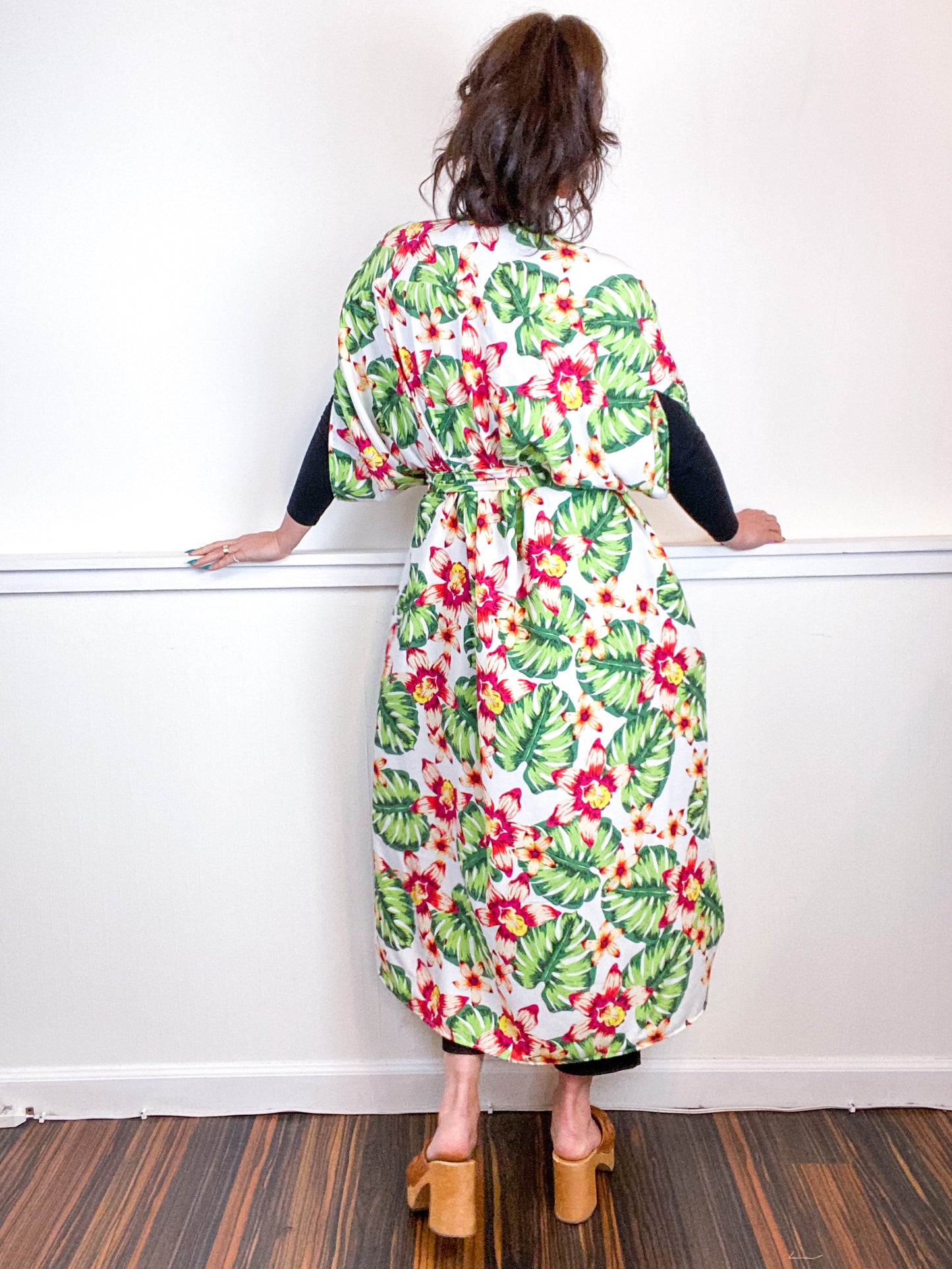 Print High Low Kimono White Tropical Rayon Challis