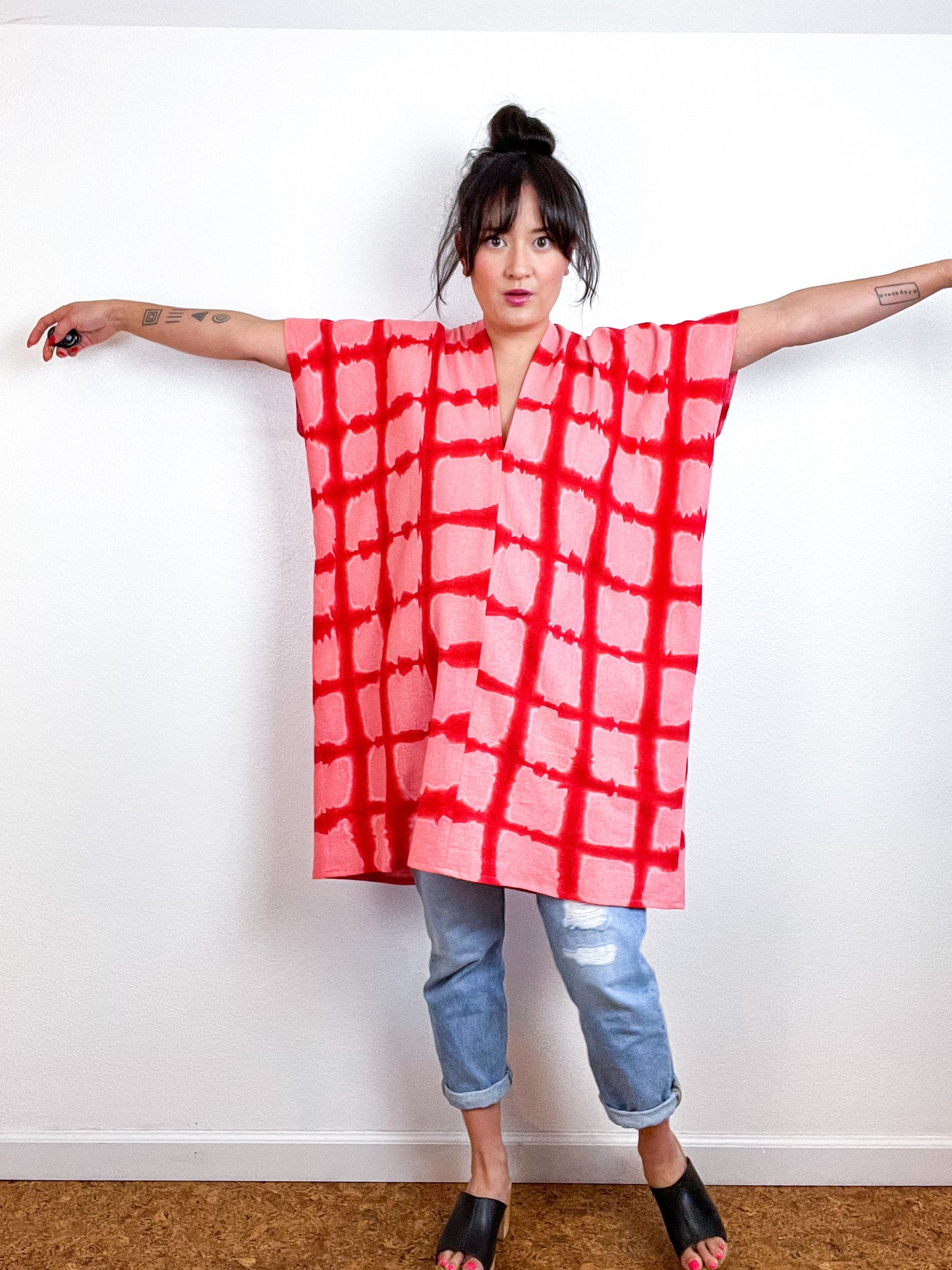 Hand-Dyed Mini Smock Dress Pink Scarlet Windowpane
