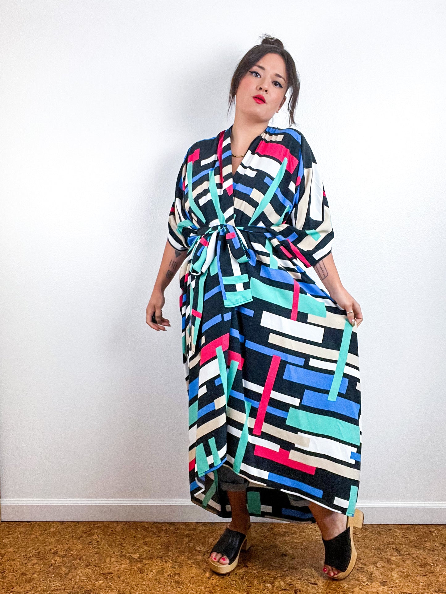Print High Low Kimono Multicolor Rectangles Challis