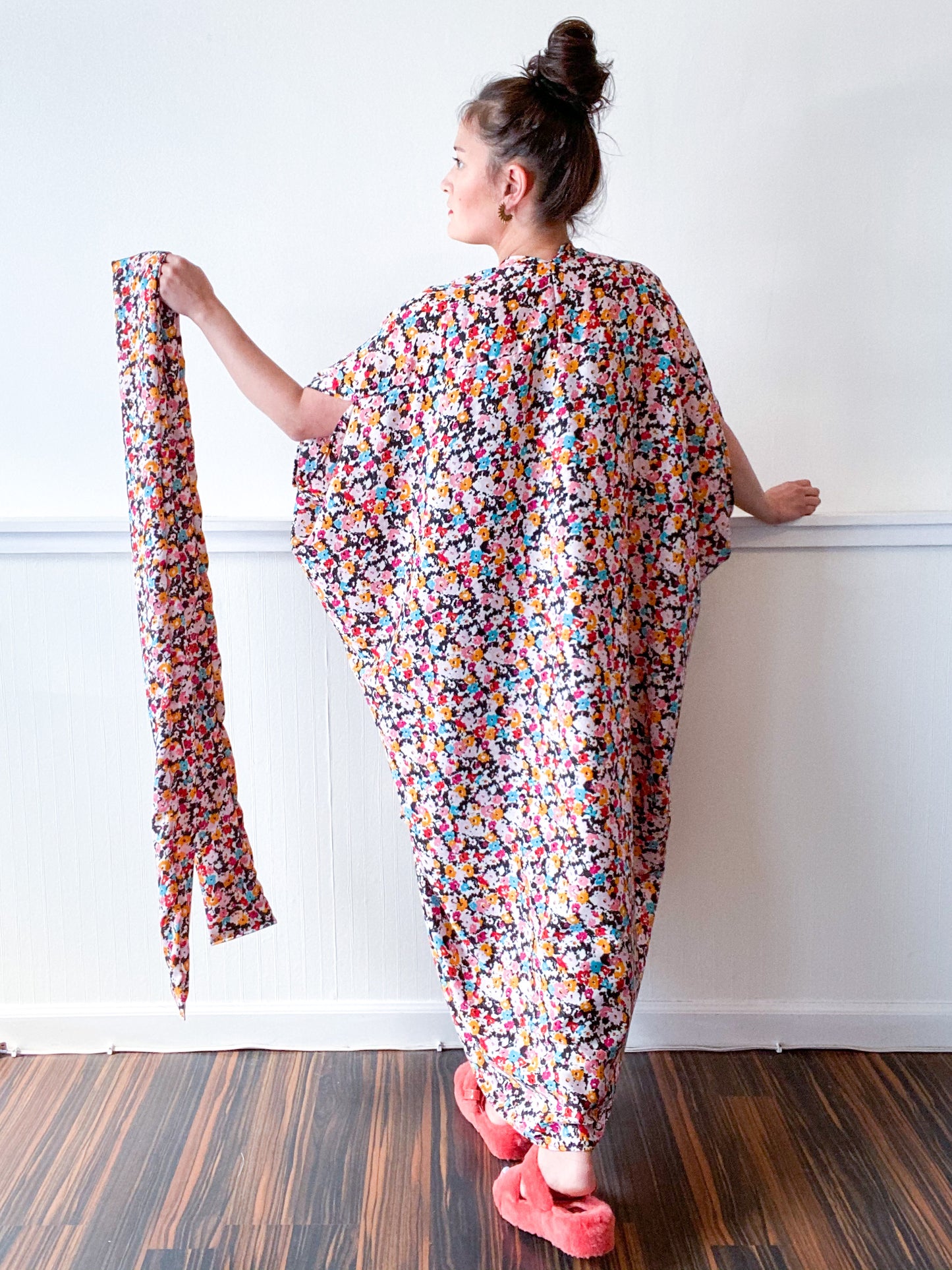 Print High Low Kimono Multicolor Mini Floral Crepe de Chine